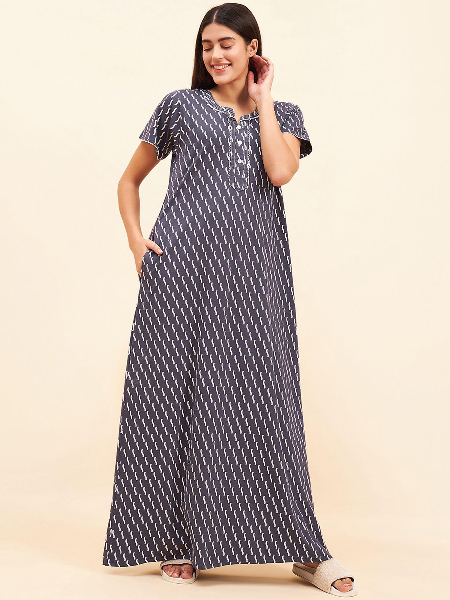 women navy blue printed night dress