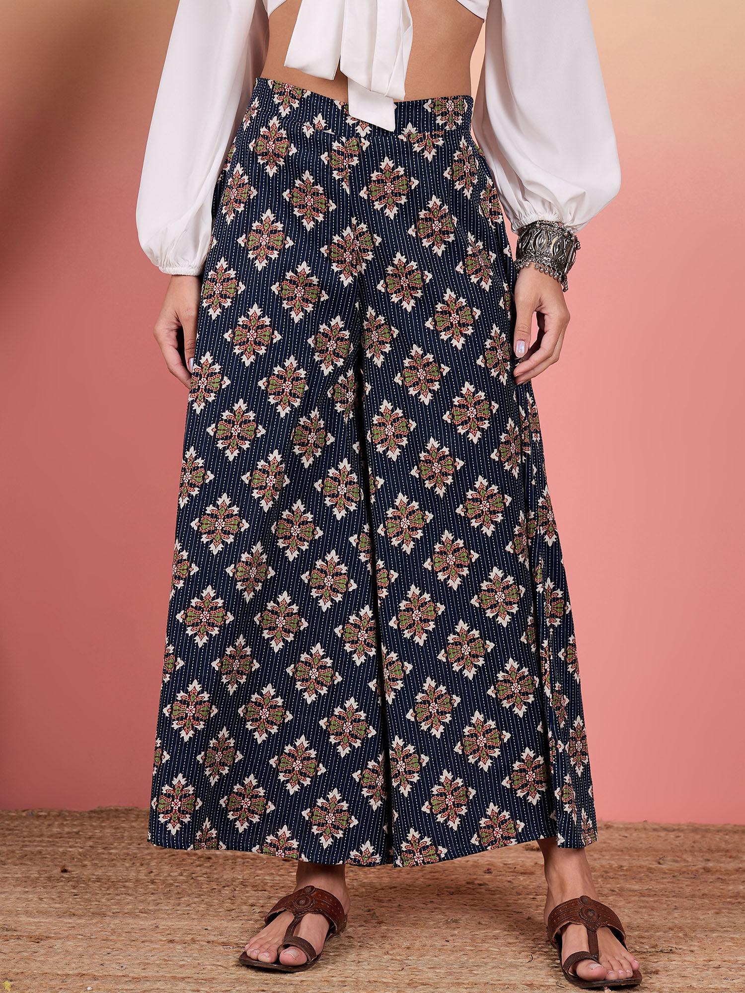 women navy blue printed palazzo