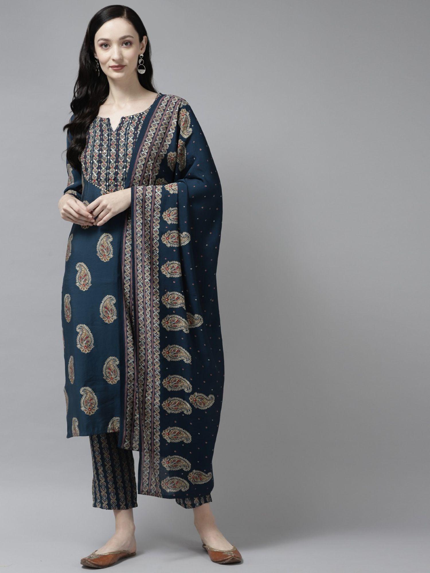 women navy blue printed straight kurta trouser and dupatta (set of 3)