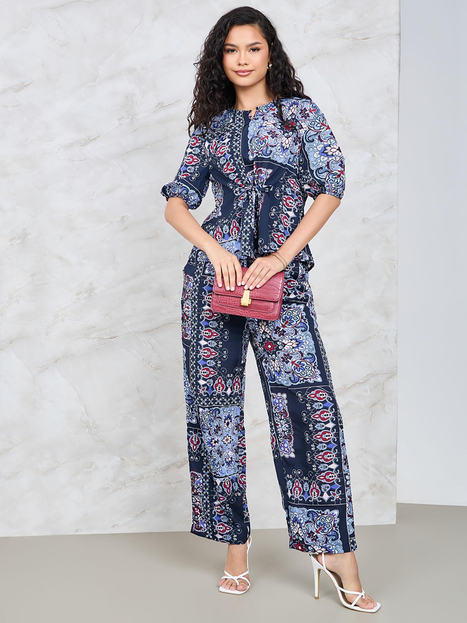 women navy blue printed top with pant co-ord (set of 2)