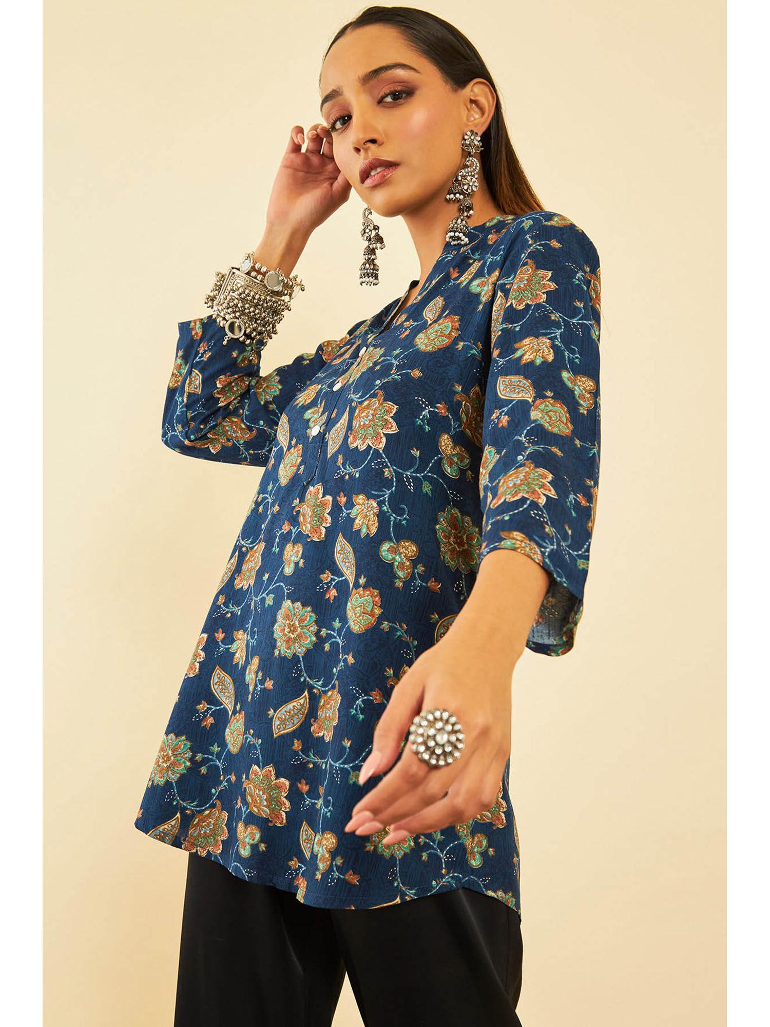women navy blue rayon floral tunic