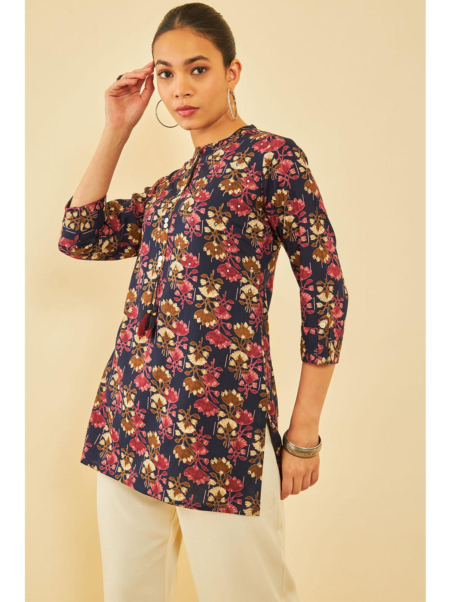 women navy blue rayon floral tunic