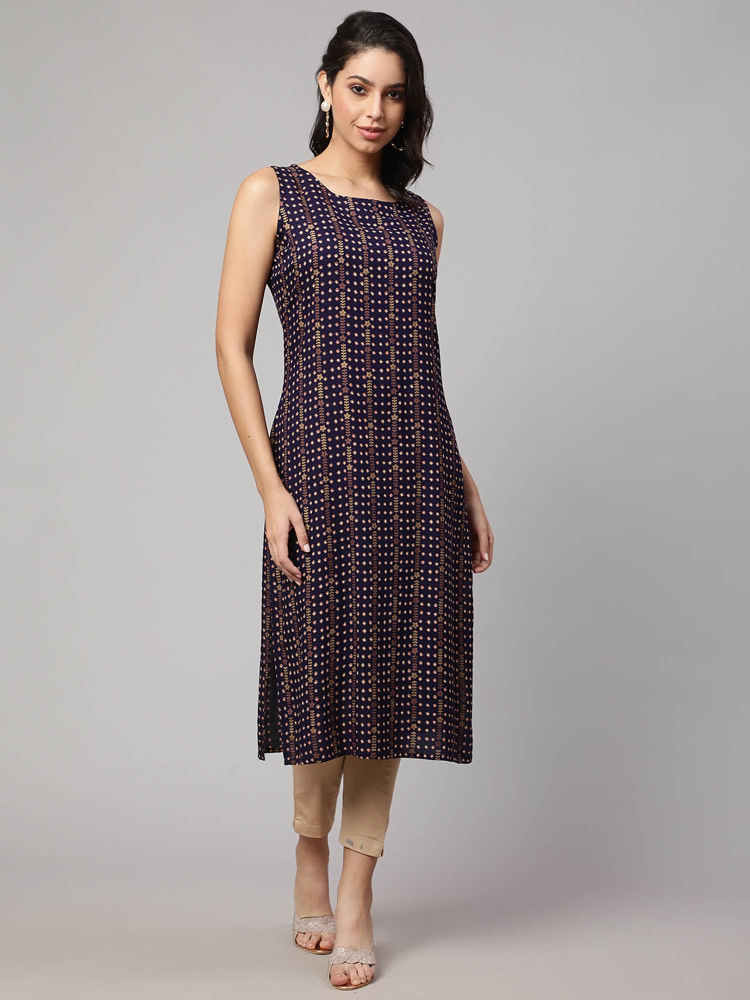 women navy blue rayon printed calf length straight kurta