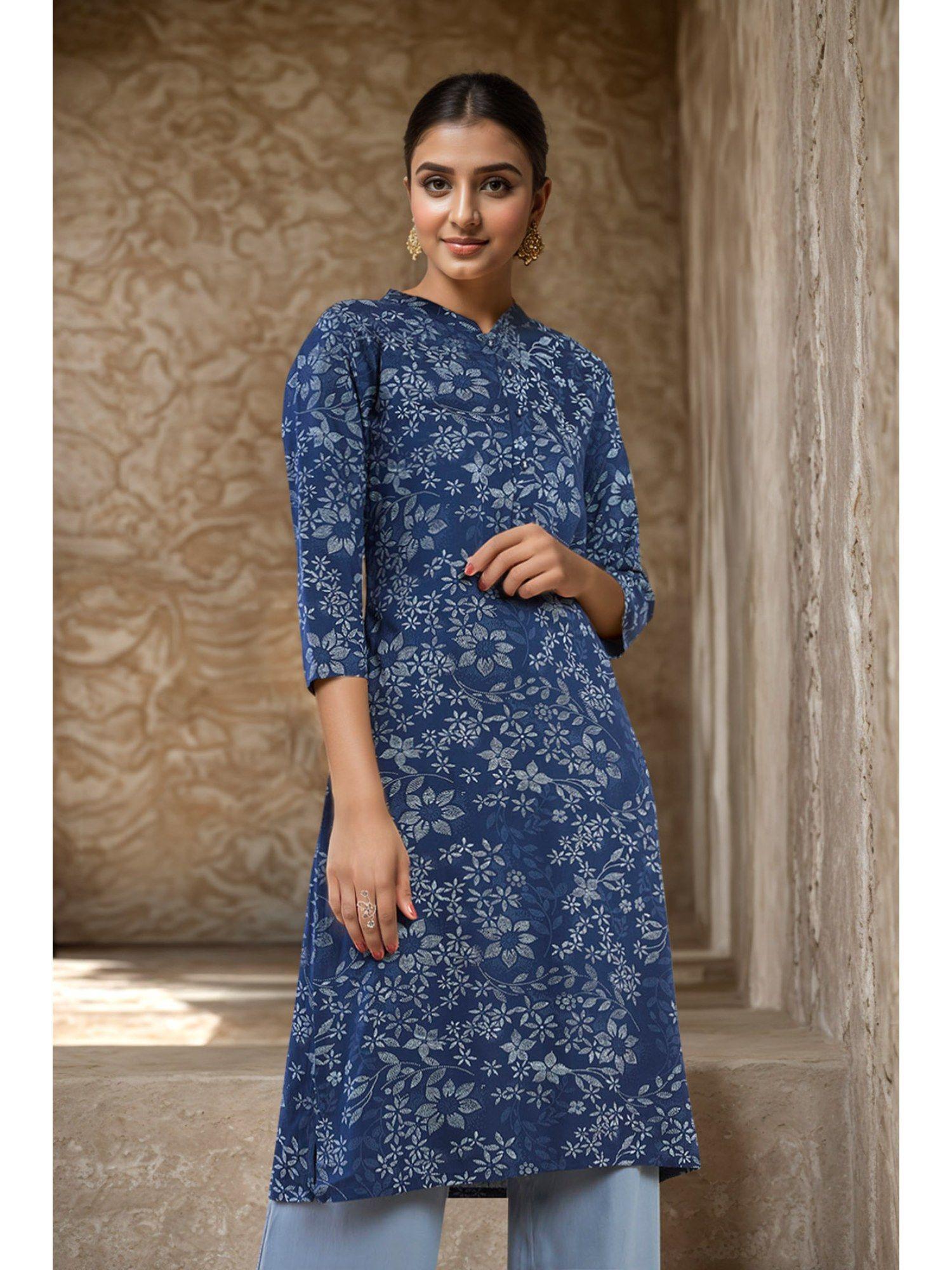 women navy blue rayon printed kurta