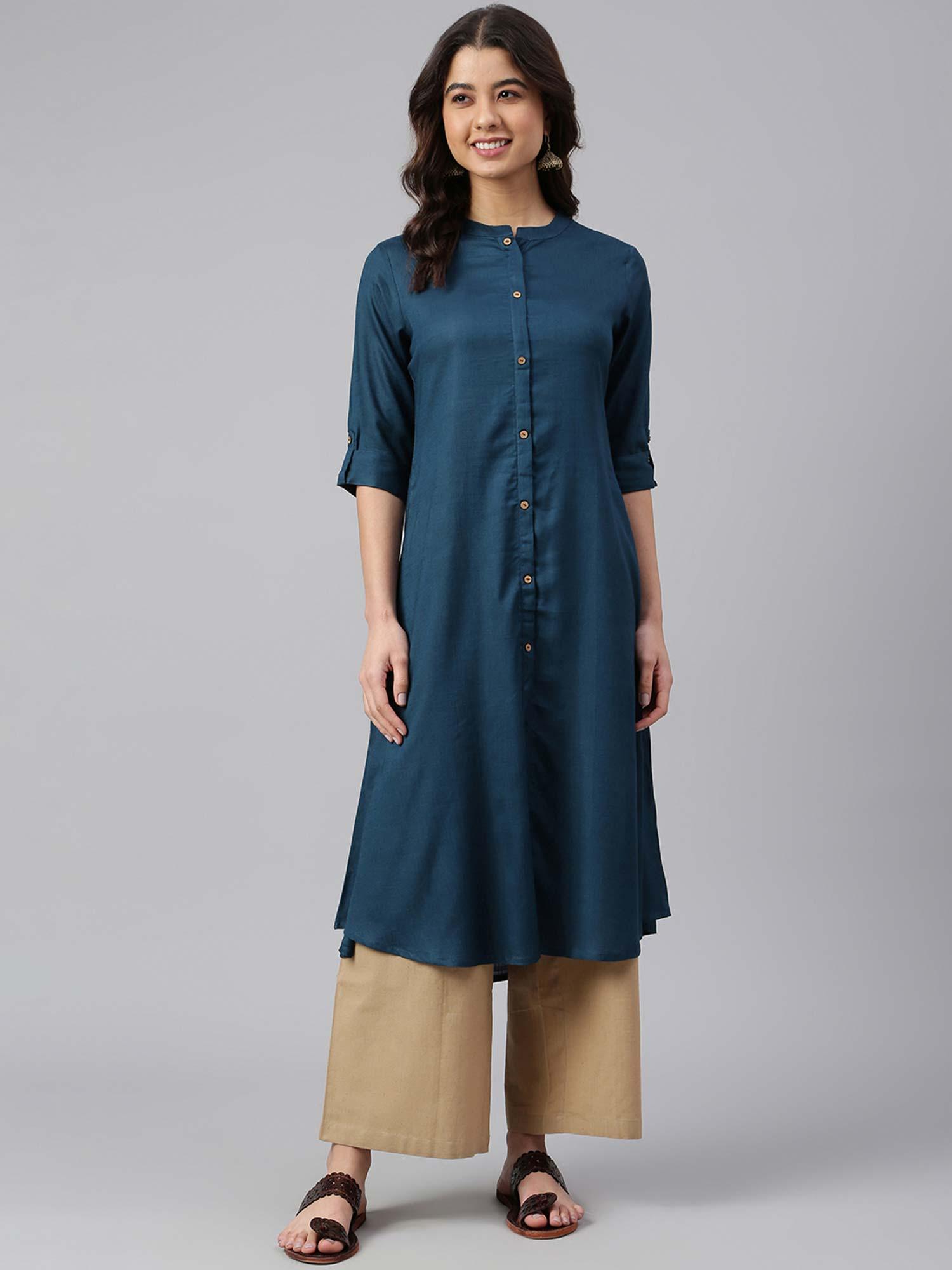 women navy blue rayon slub solid shirt style kurta