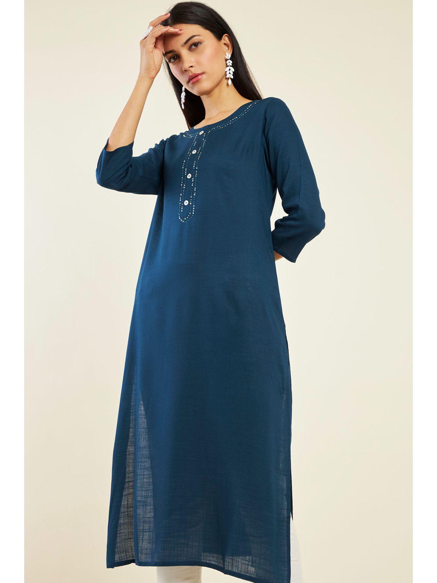 women navy blue rayon solid/plain kurta