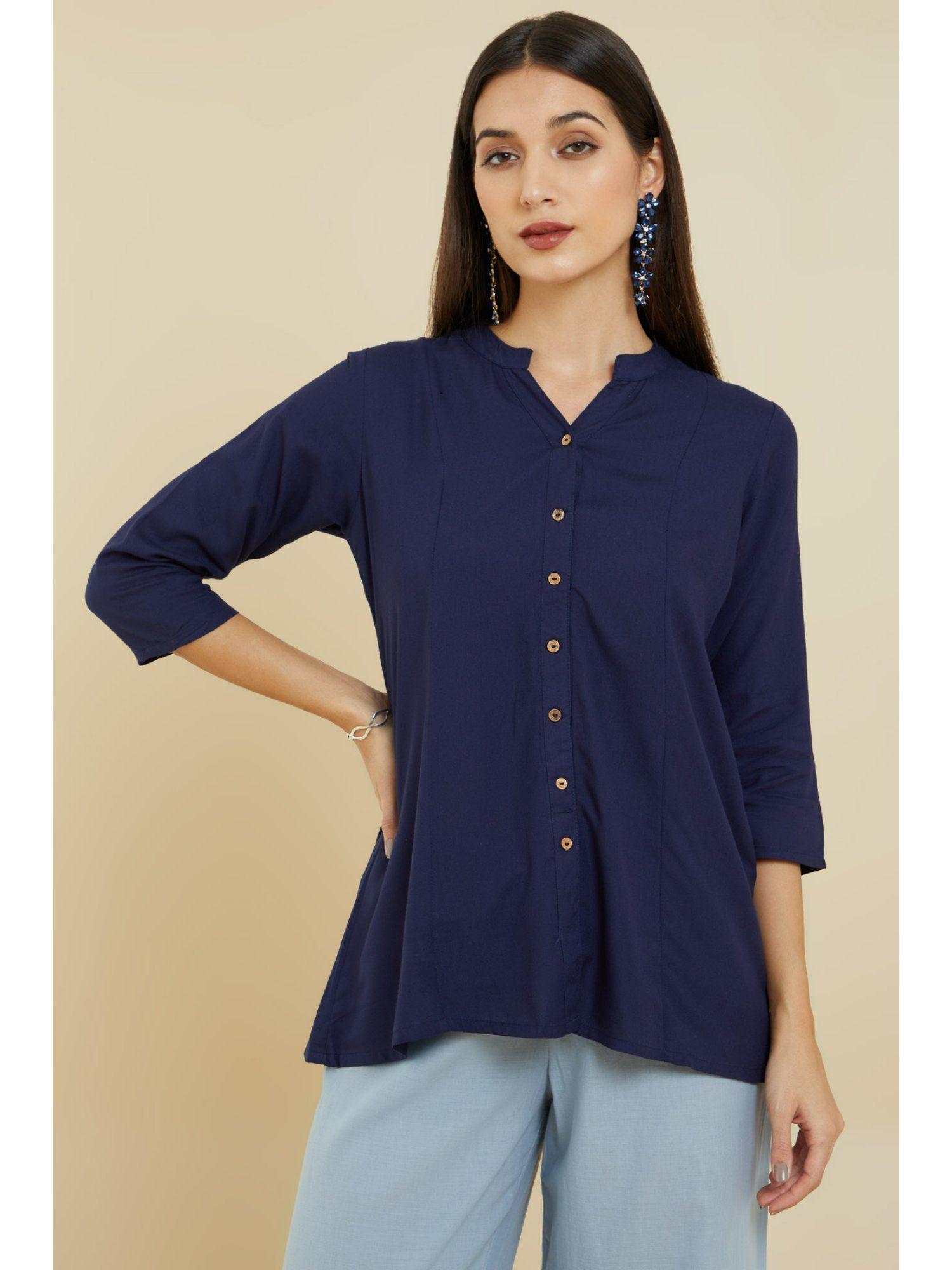 women navy blue rayon solid tunic