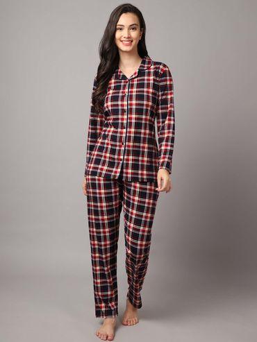 women navy blue red checked night suit