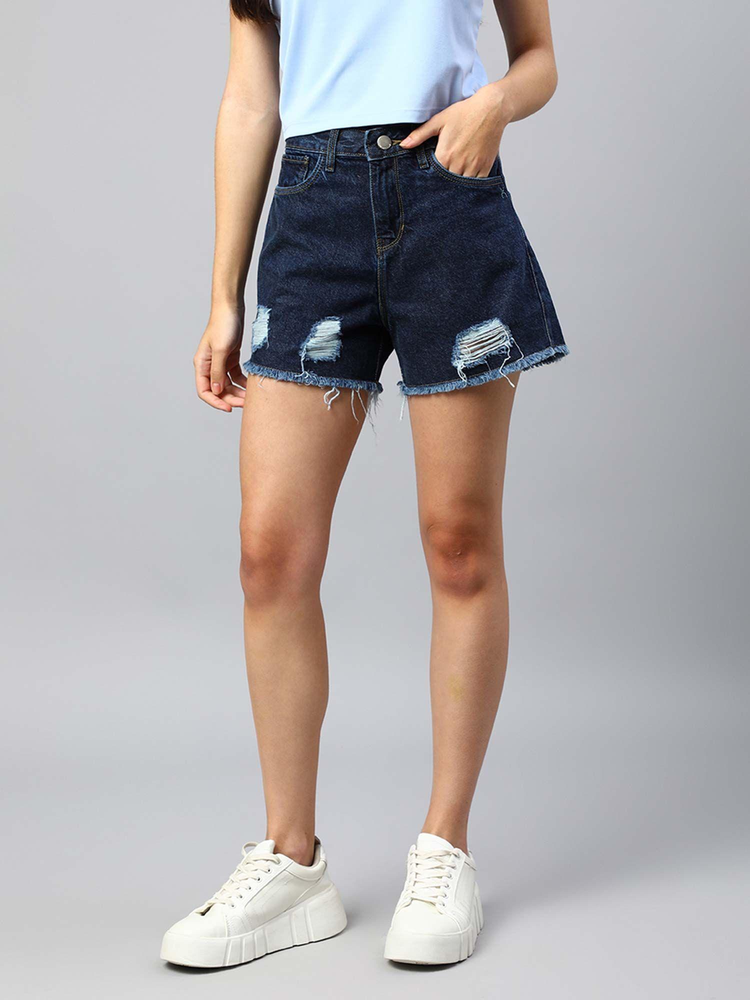 women navy blue regular fit denim shorts