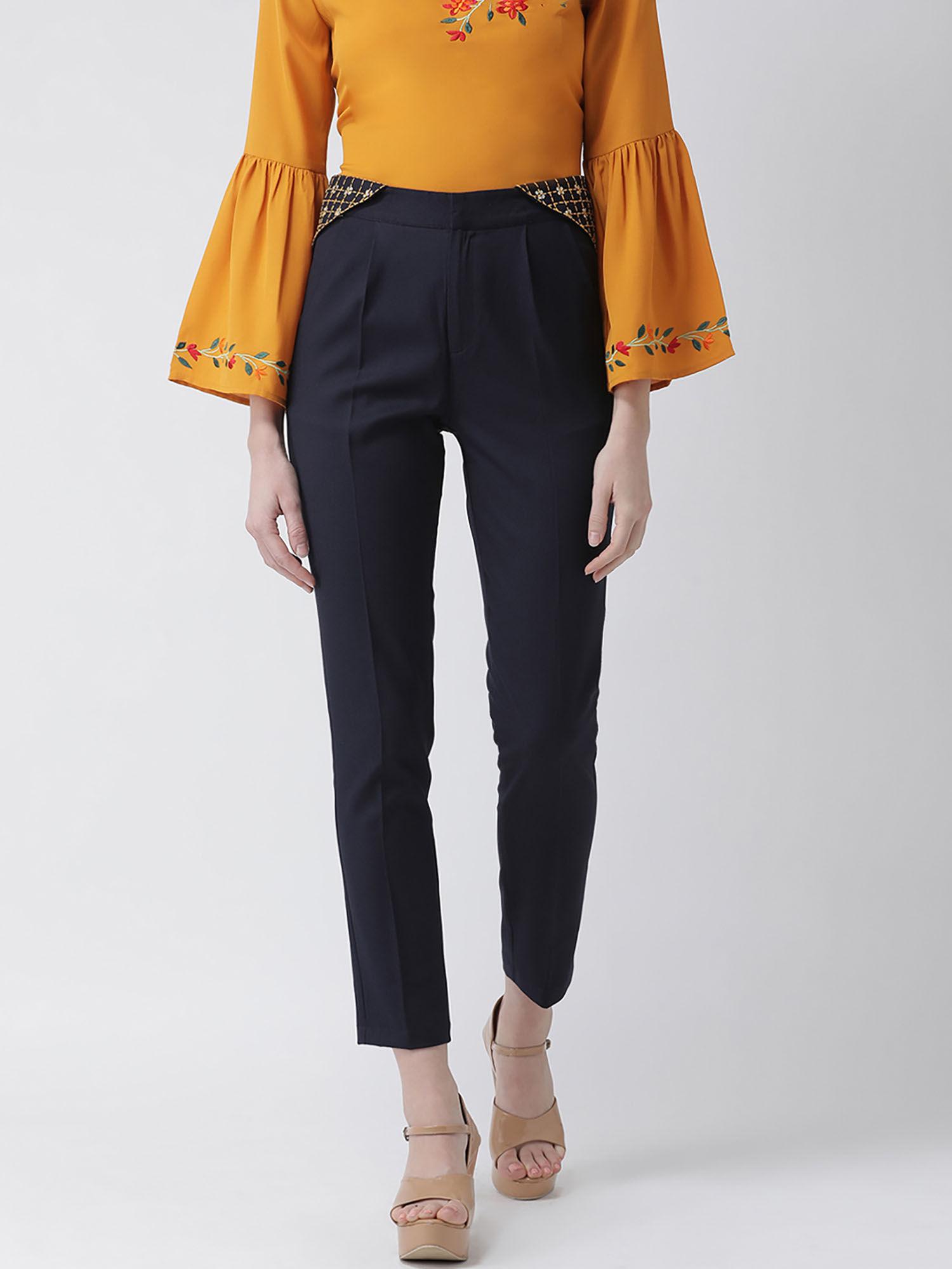 women navy blue regular fit embroidered straight mid waist pant