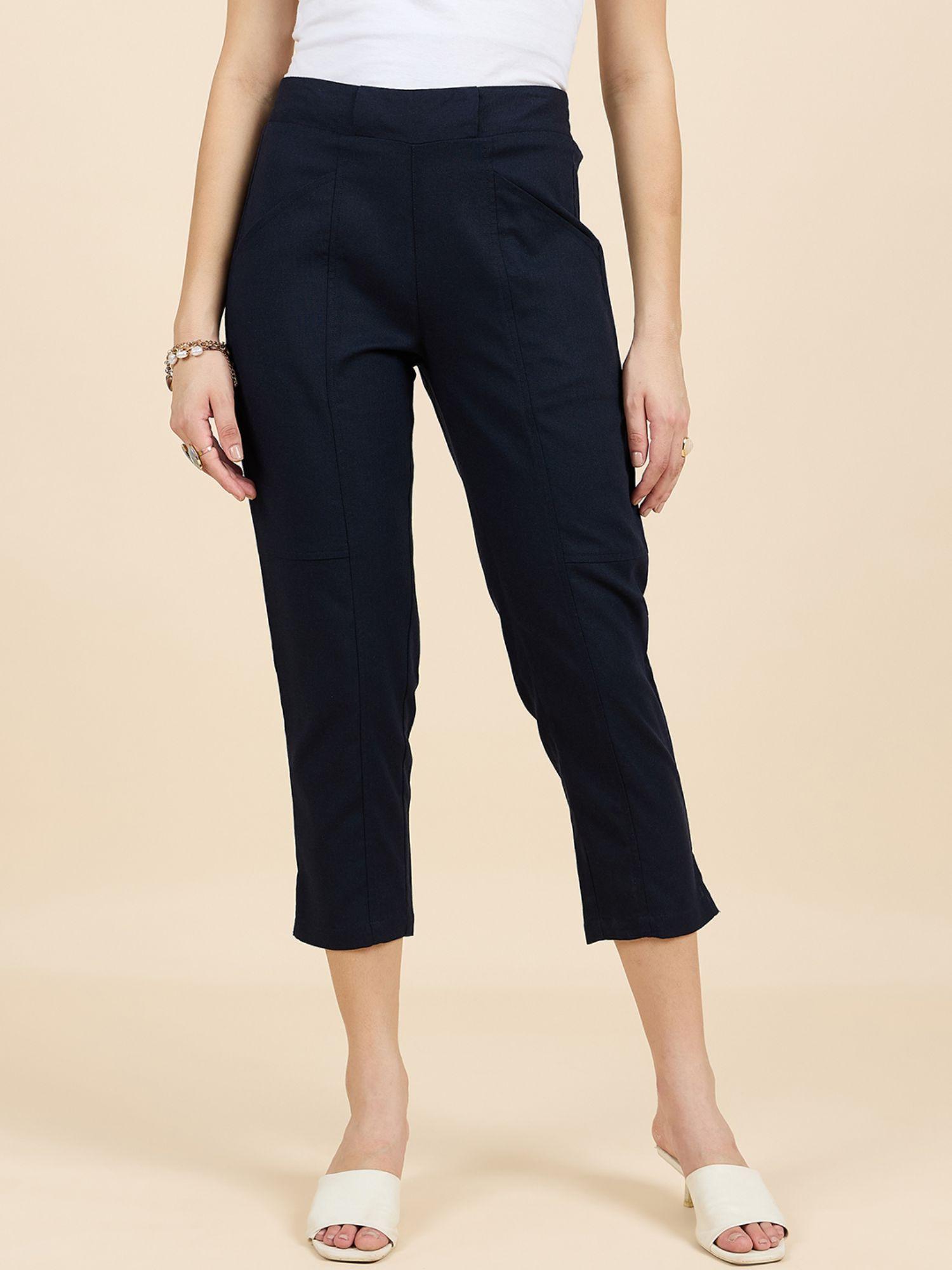 women navy blue regular fit linen pants