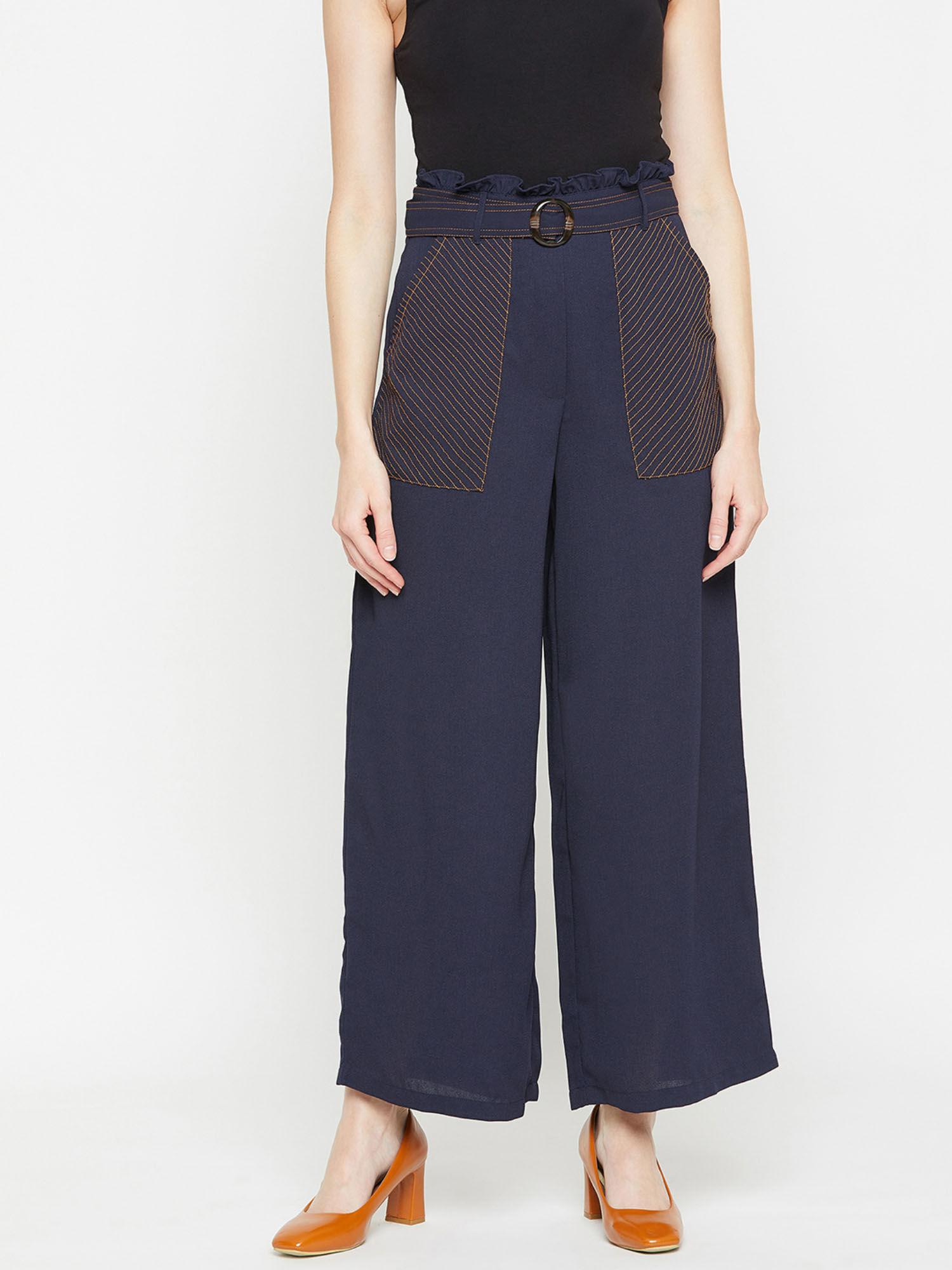 women navy blue regular fit solid parallel trousers