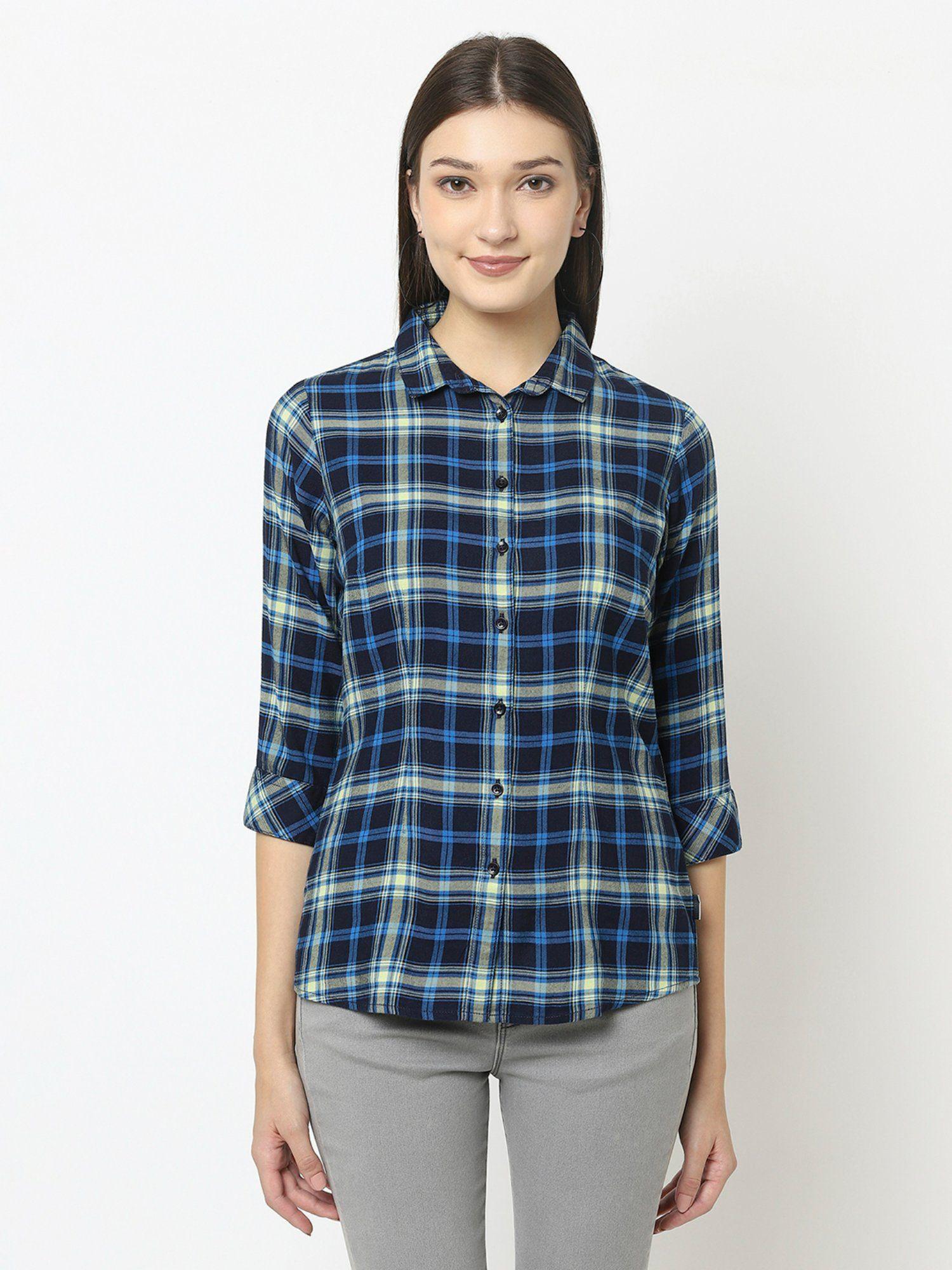 women navy blue shirt in tartan checks