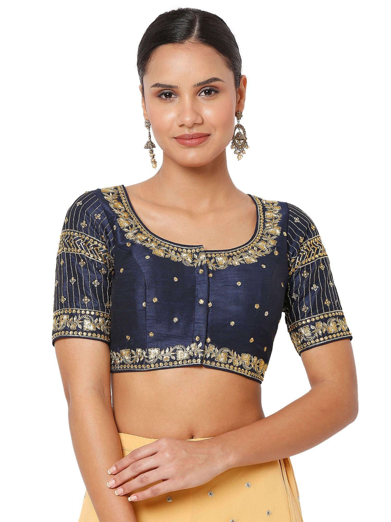 women navy blue silk blend embroidered readymade saree blouse