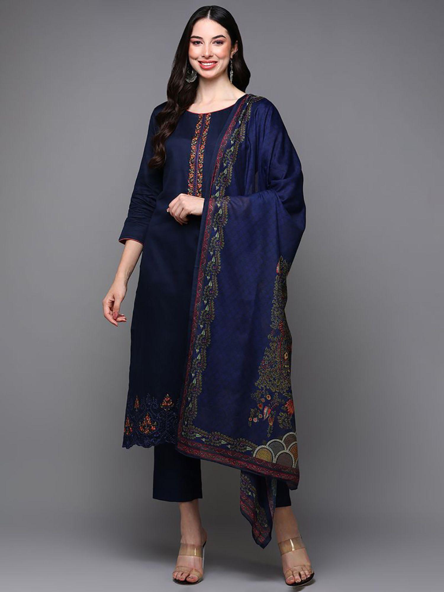 women navy blue silk blend embroidered straight kurta pant with dupatta (set of 3)