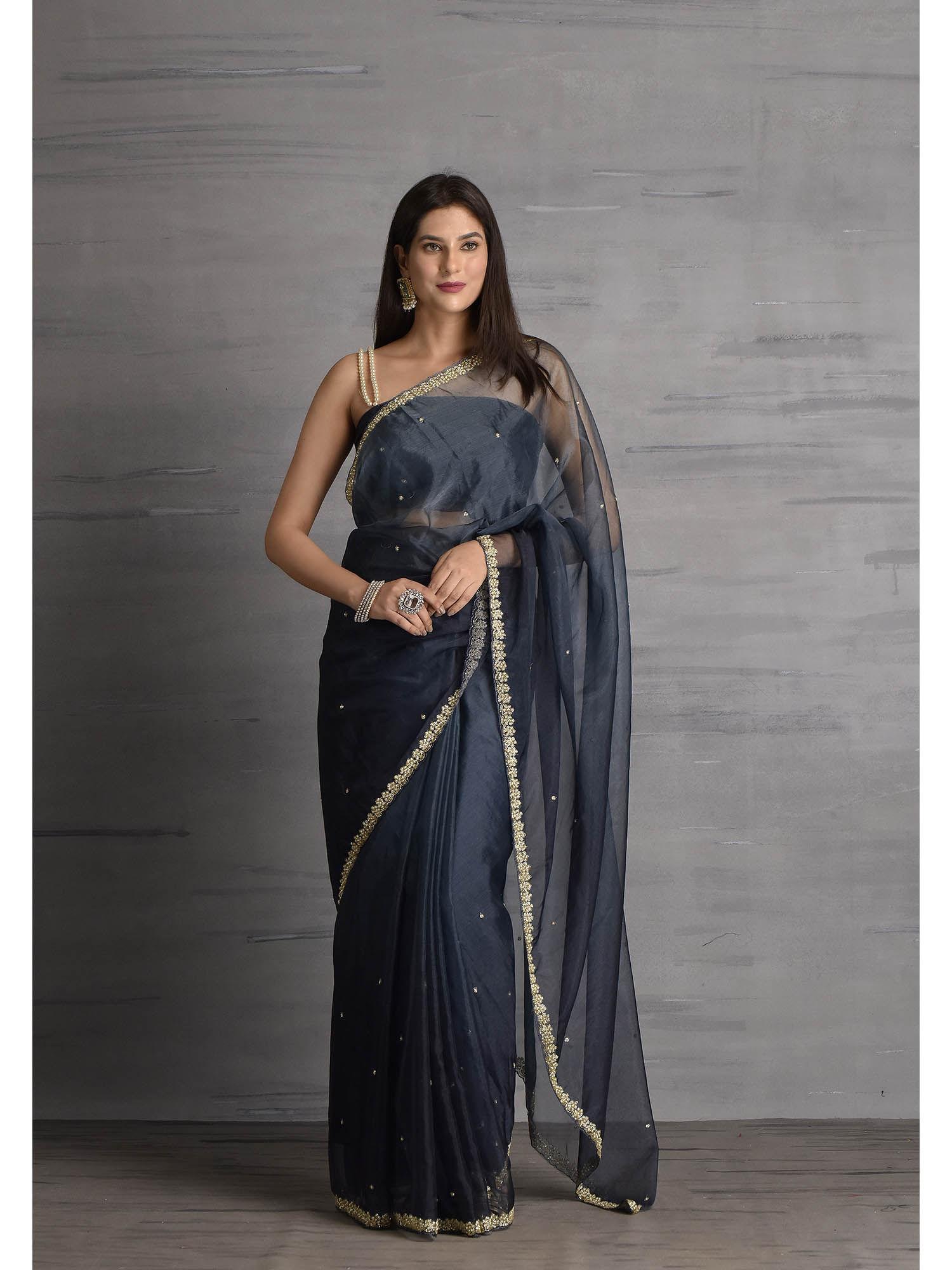 women navy blue silk embellished saree with unstitched blouse