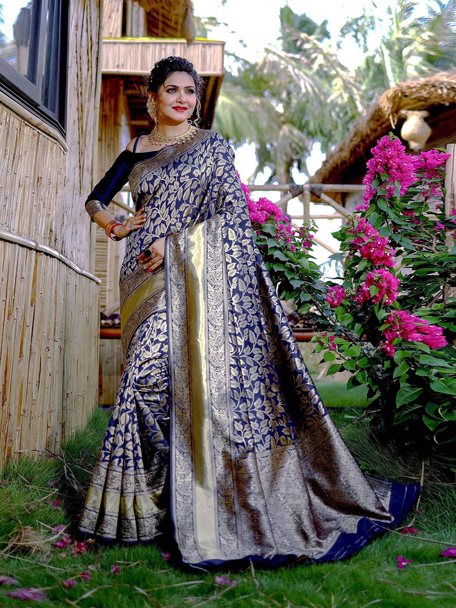 women navy blue silk woven saree with unstitched blouse