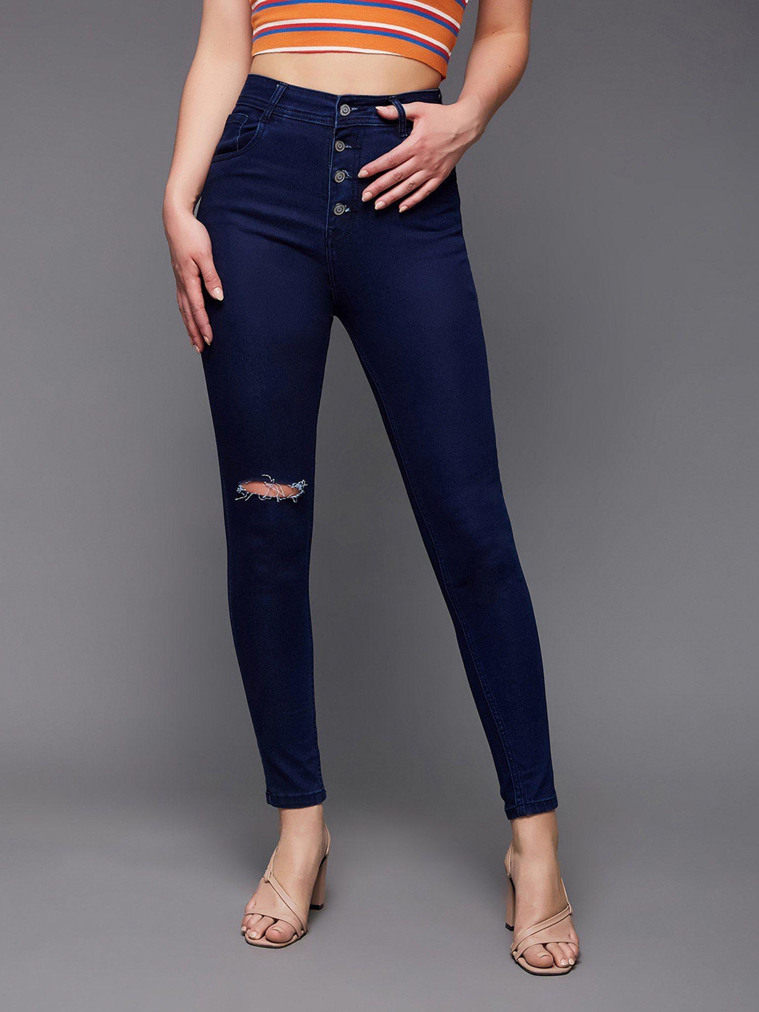 women navy blue skinny high rise knee slit clean look regular length denim jeans