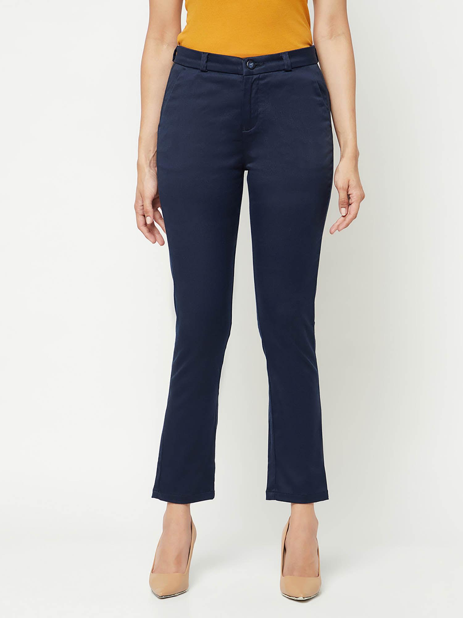 women navy blue slim cotton straight trousers