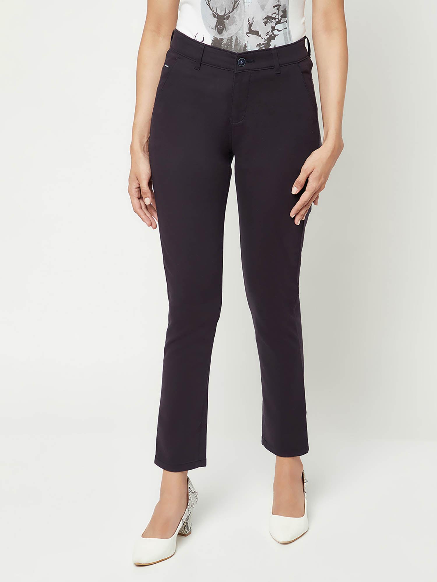 women navy blue slim cotton straight trousers