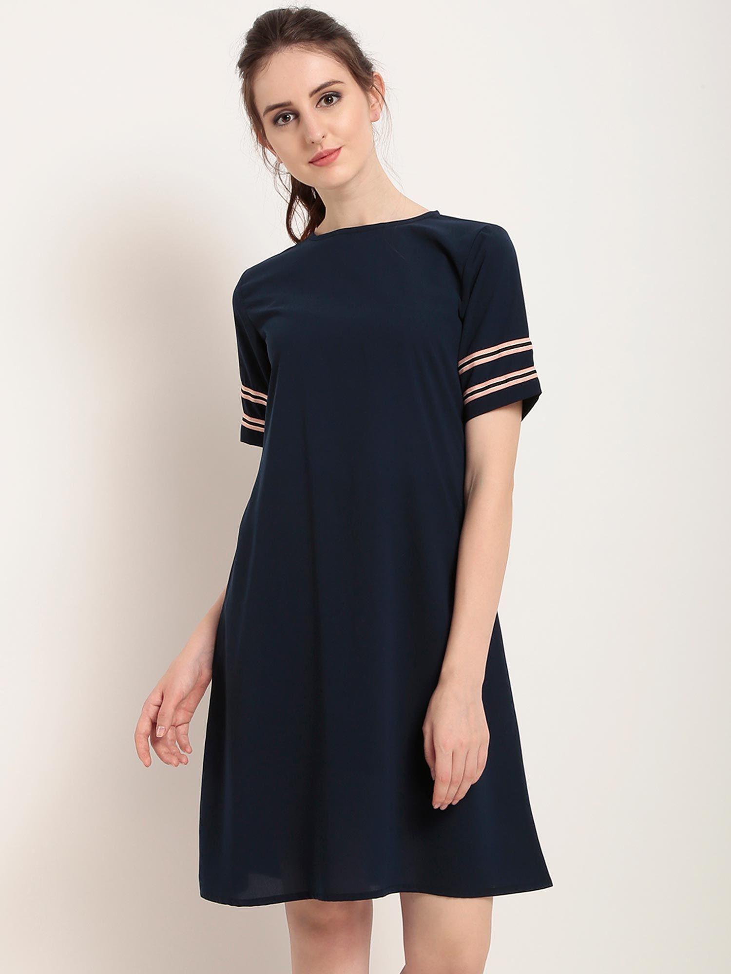 women navy blue solid a-line dress