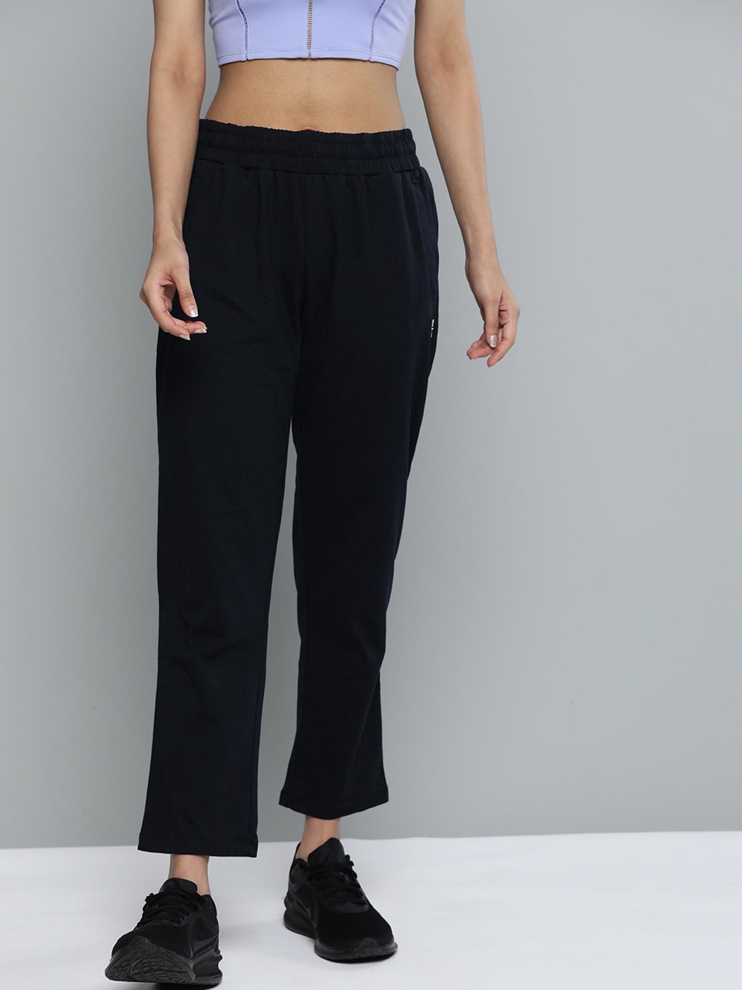 women navy blue solid bootcut track pants