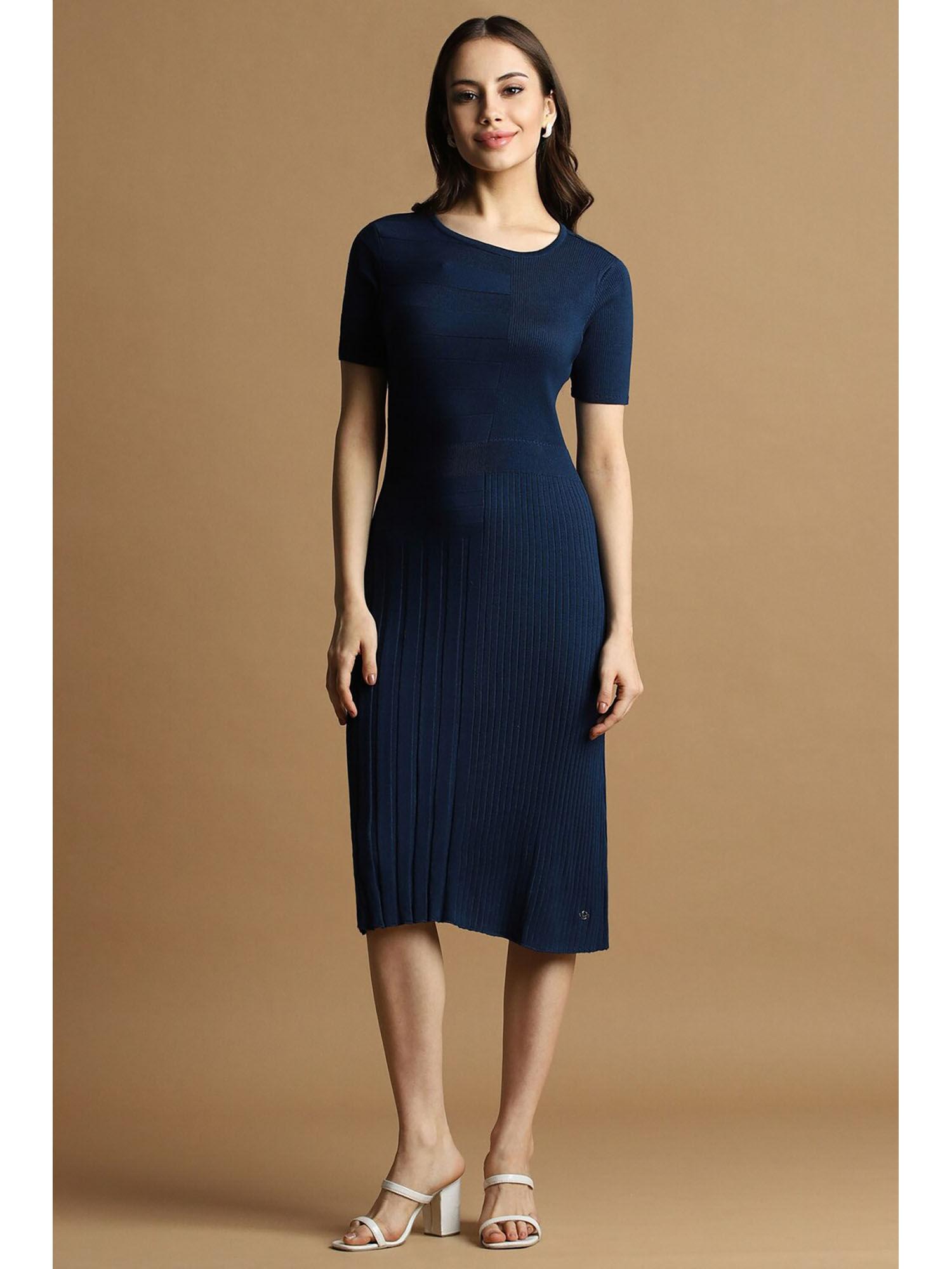 women navy blue solid casual midi dress