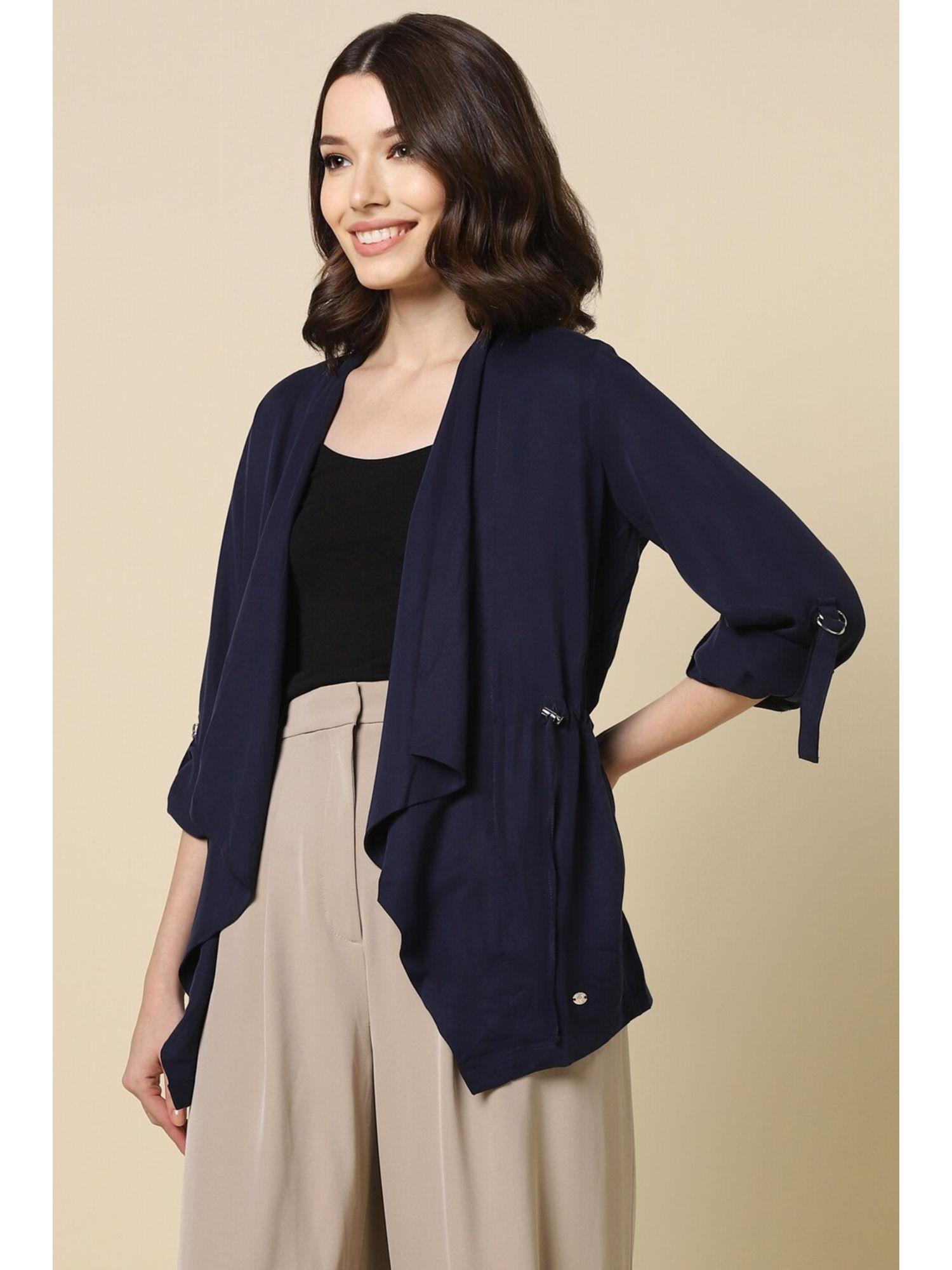 women navy blue solid casual shrug
