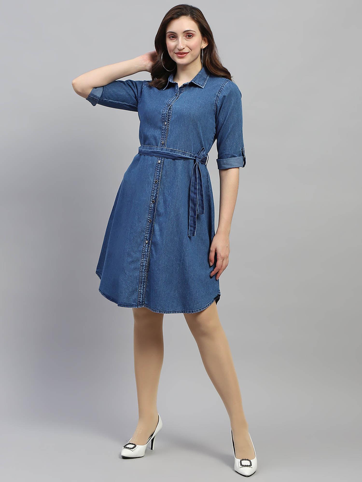 women navy blue solid collar neck knee length dress with belt (set of 2)