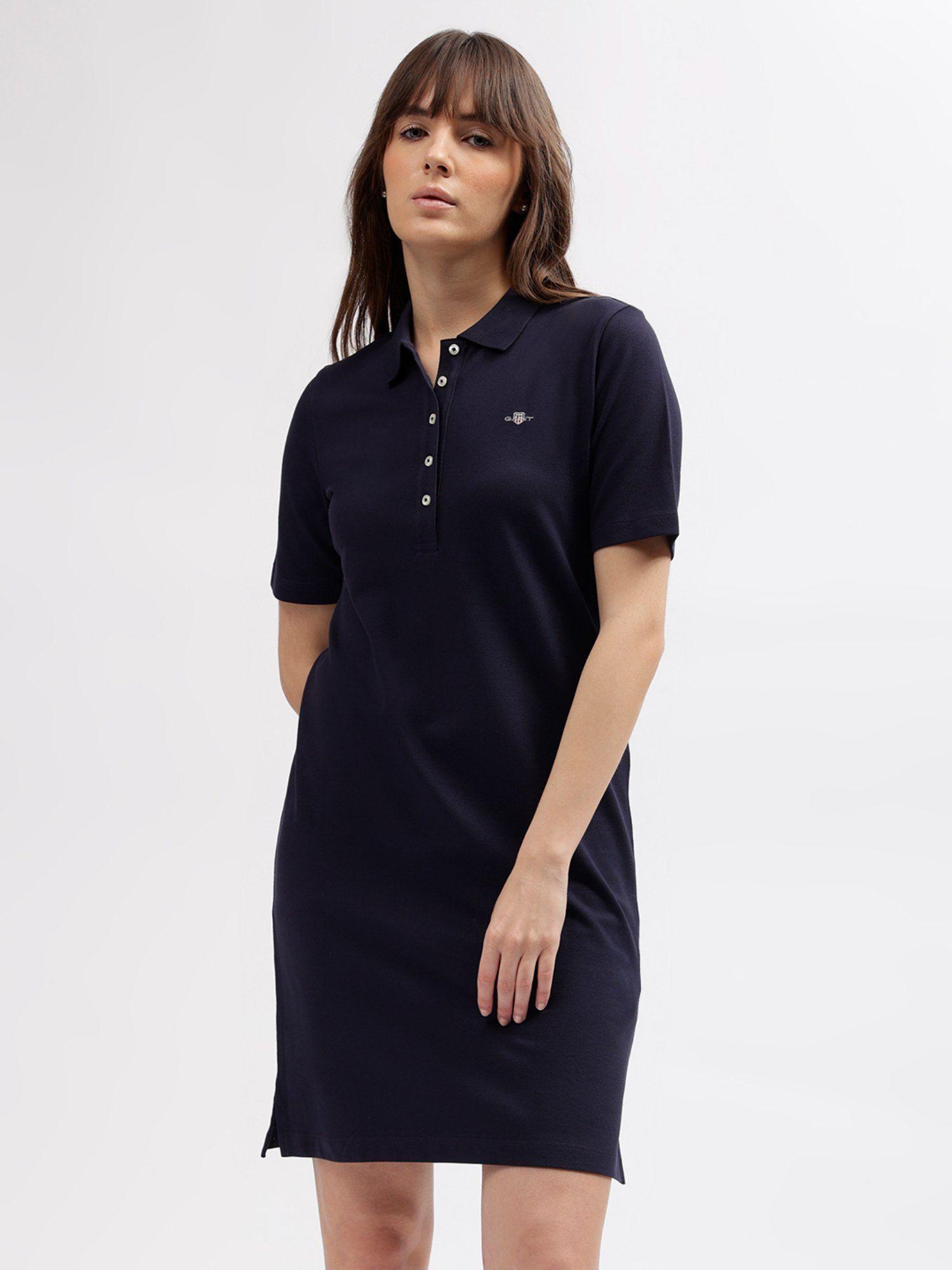 women navy blue solid collar short sleeves dress