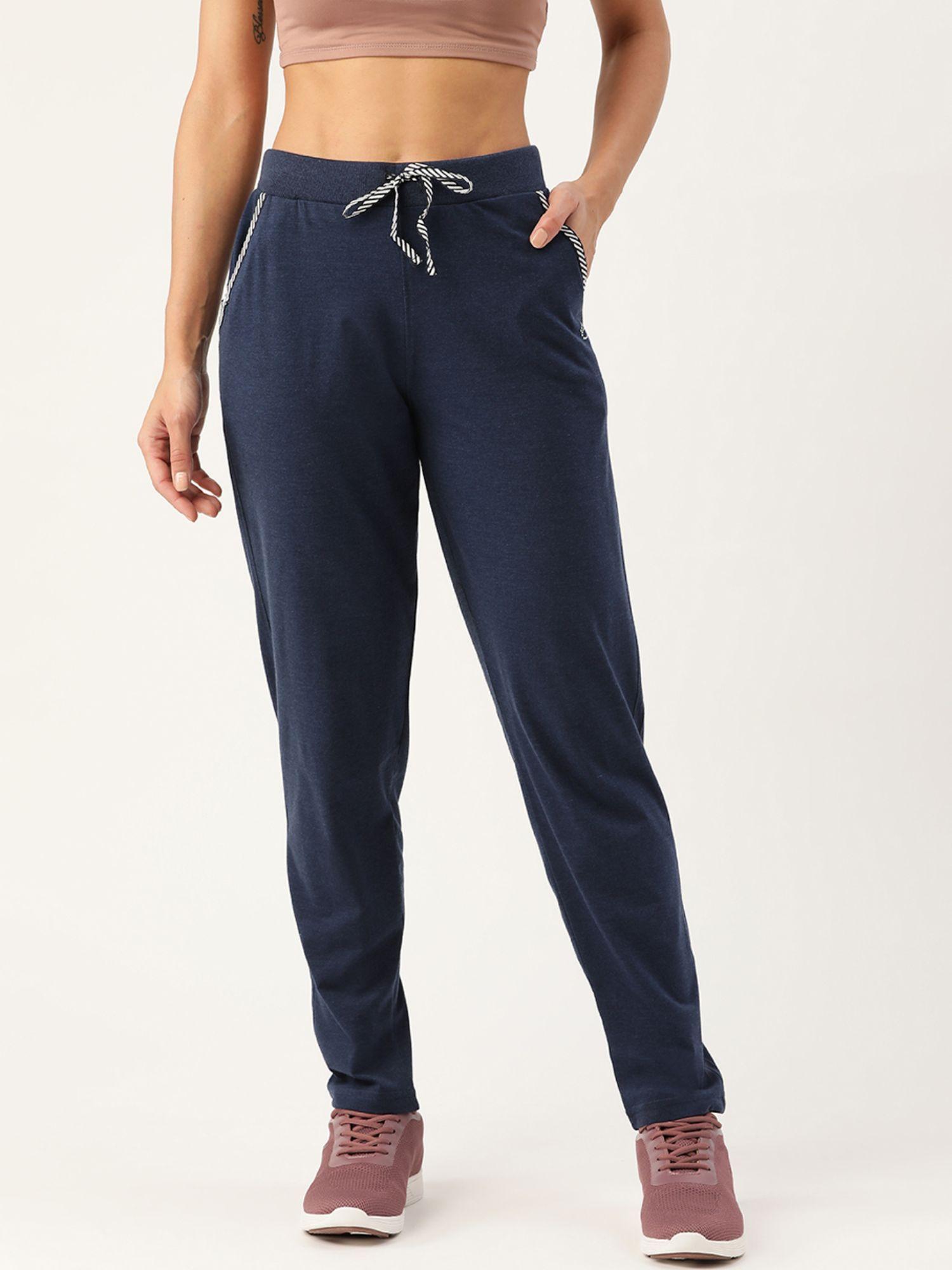 women navy blue solid cotton straight fit track pant