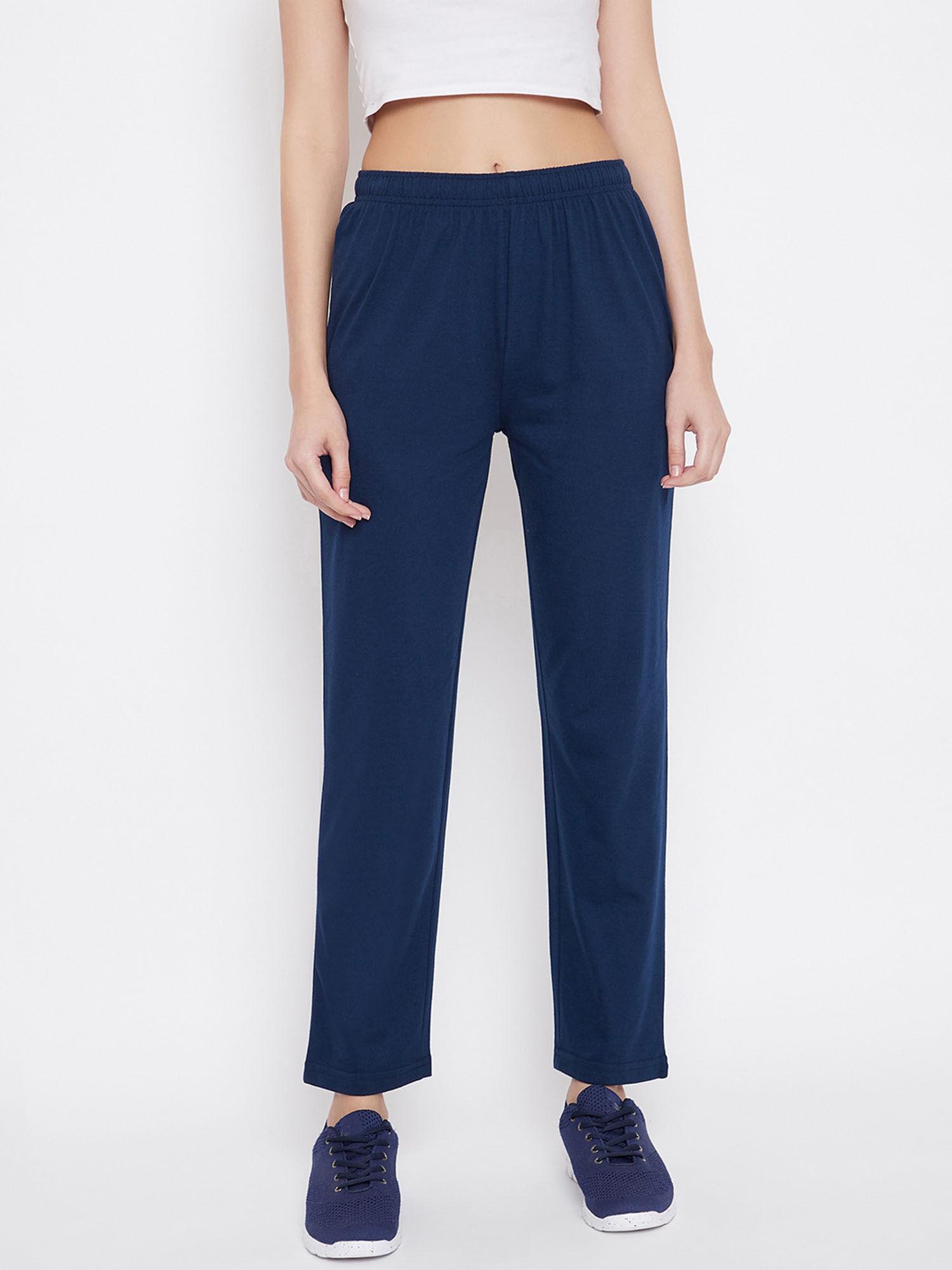 women navy blue solid cotton track pants