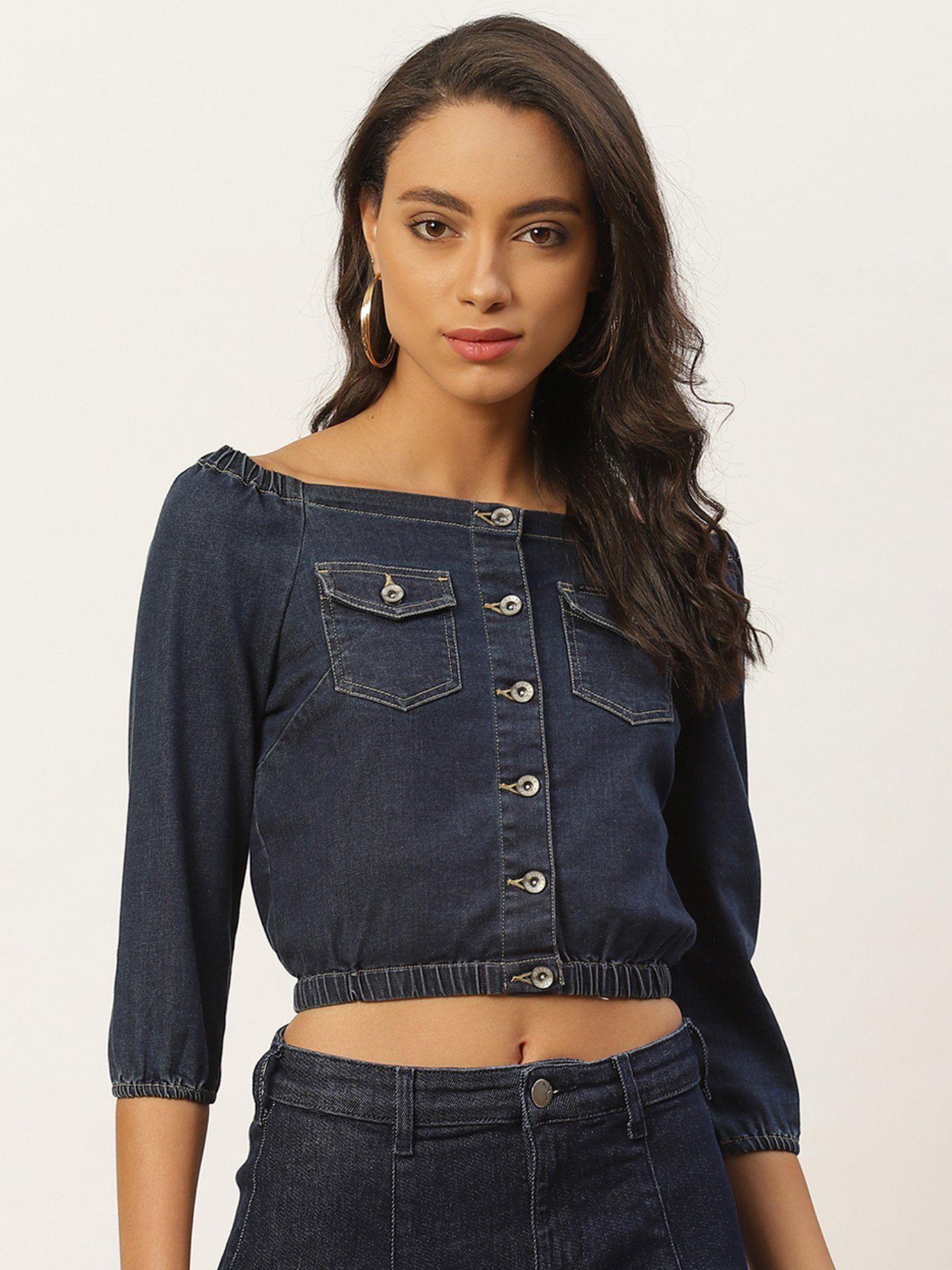 women navy blue solid denim bardot crop pure cotton top