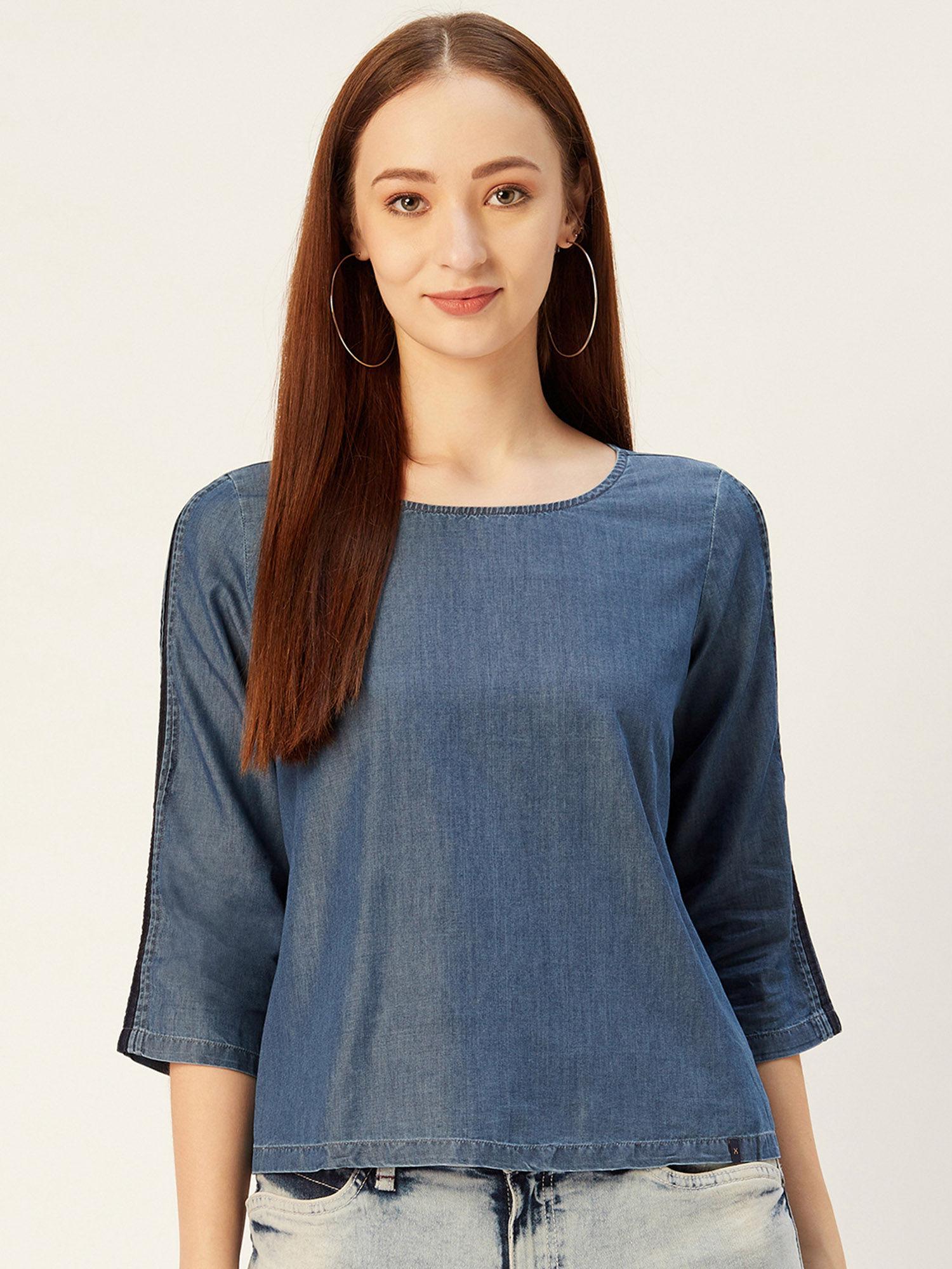 women navy blue solid denim boxy pure cotton top