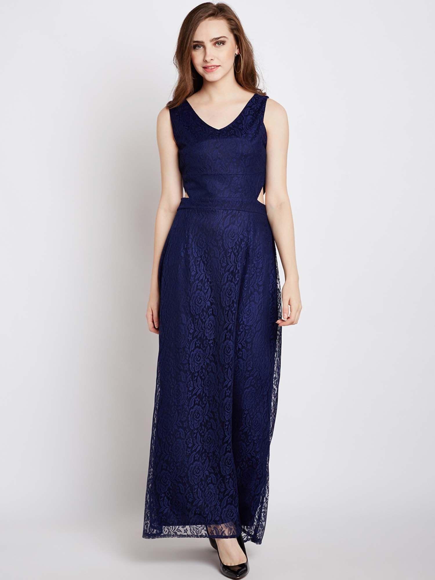 women navy blue solid maxi dress