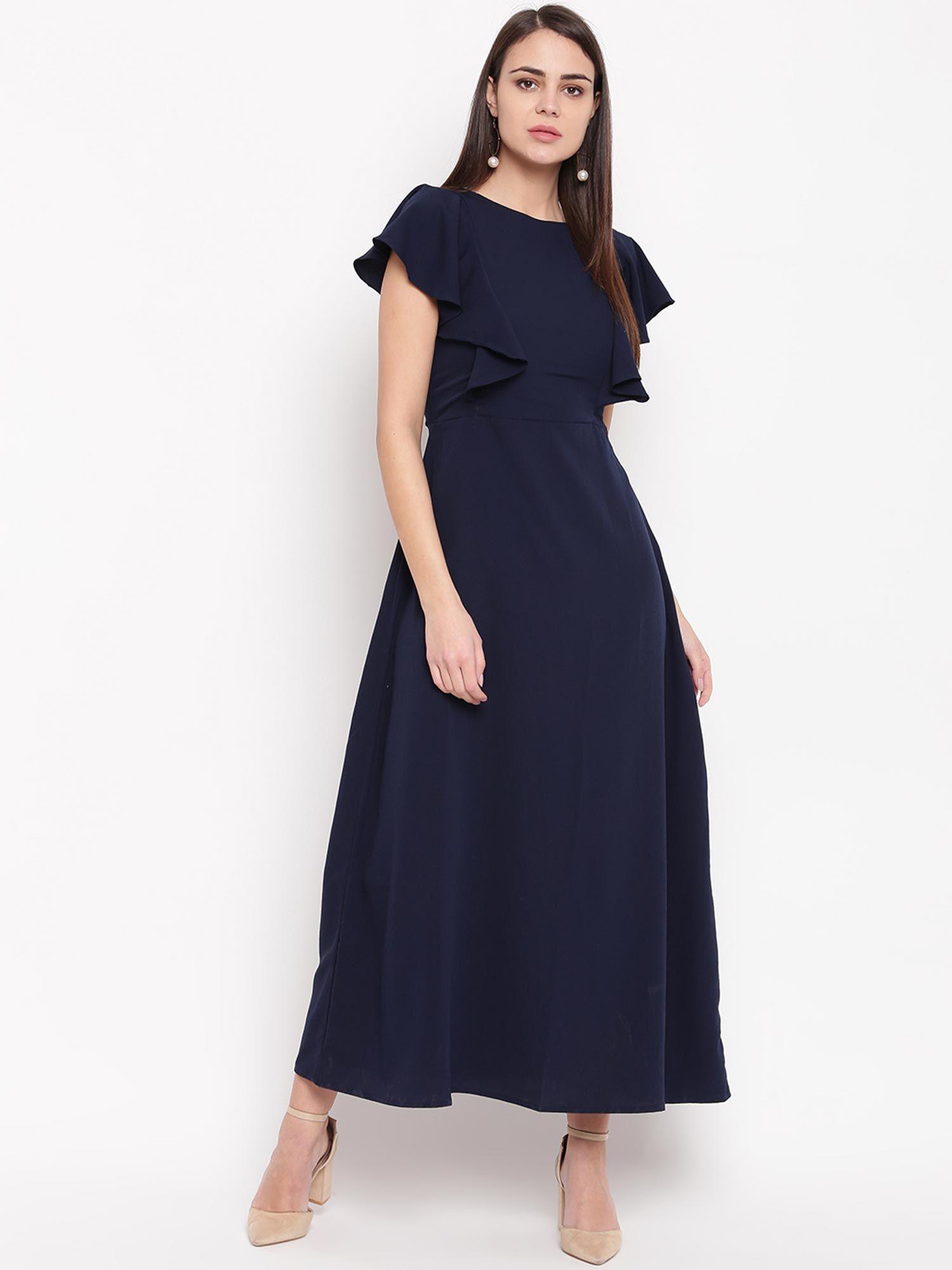 women navy blue solid maxi dress