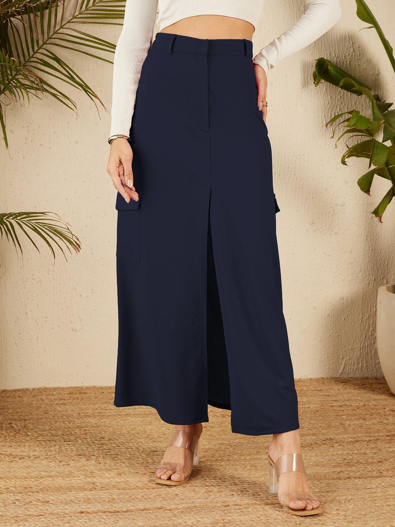 women navy blue solid maxi skirt