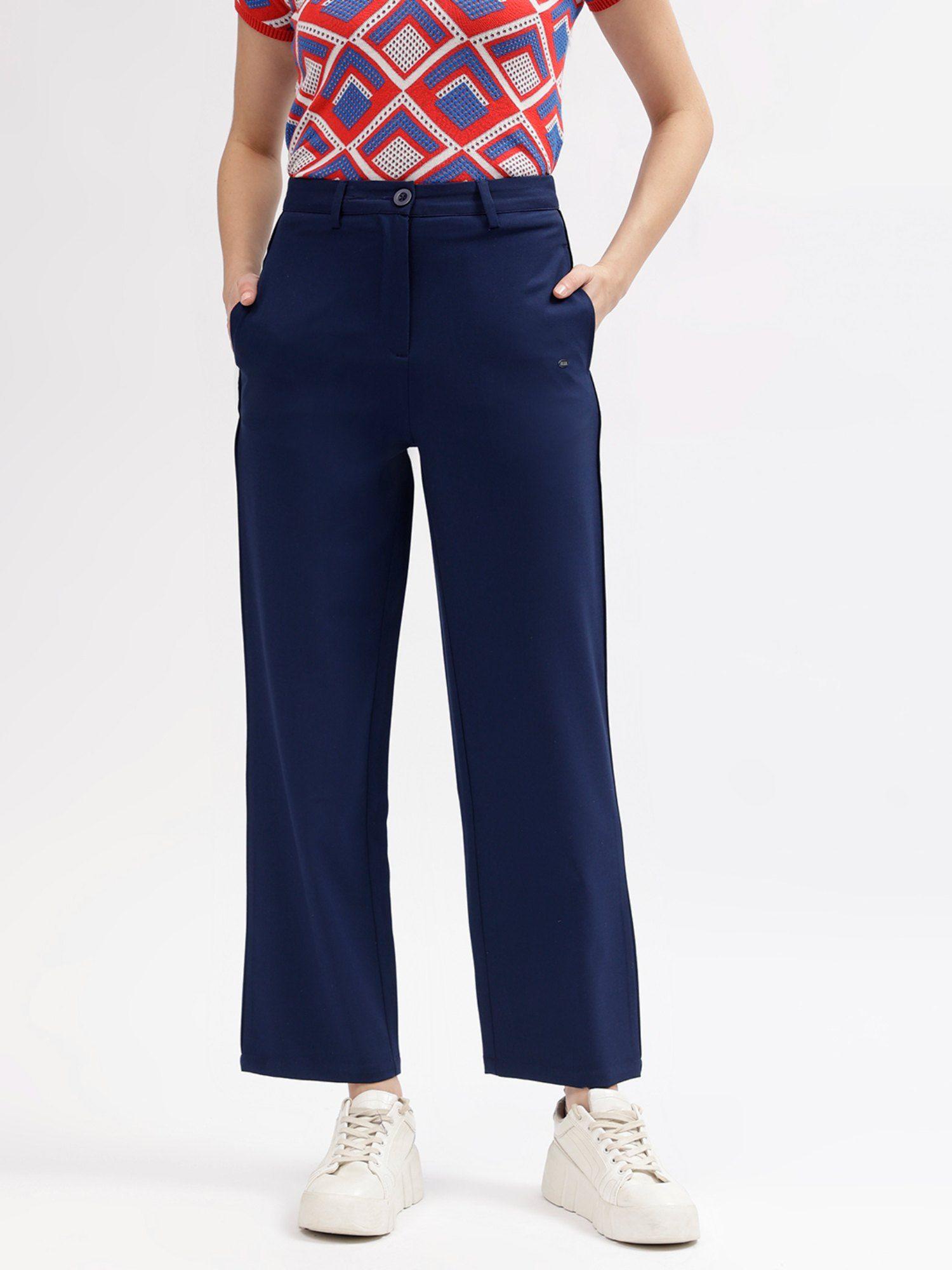 women navy blue solid mid-rise trousers