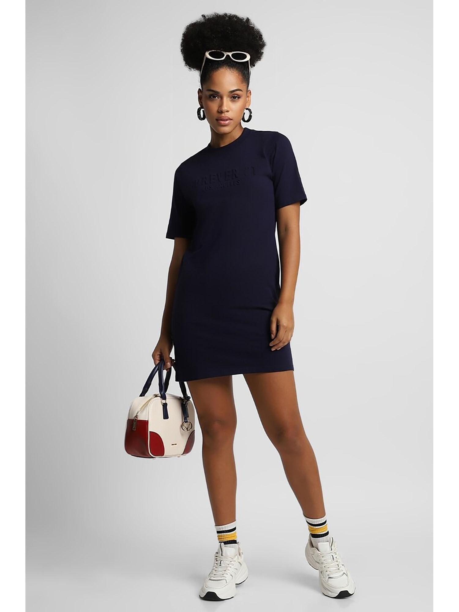 women navy blue solid mini dress