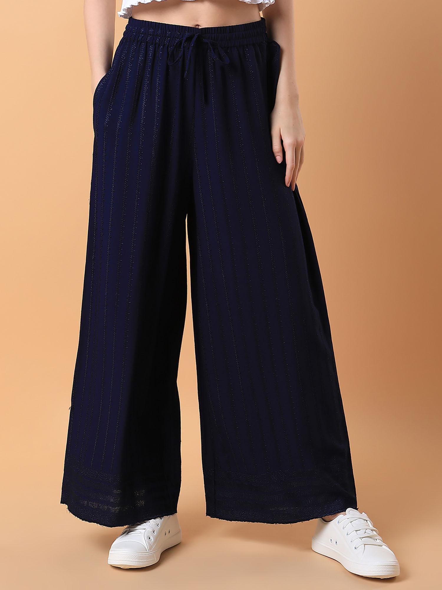 women navy blue solid pleated loose fit palazzo