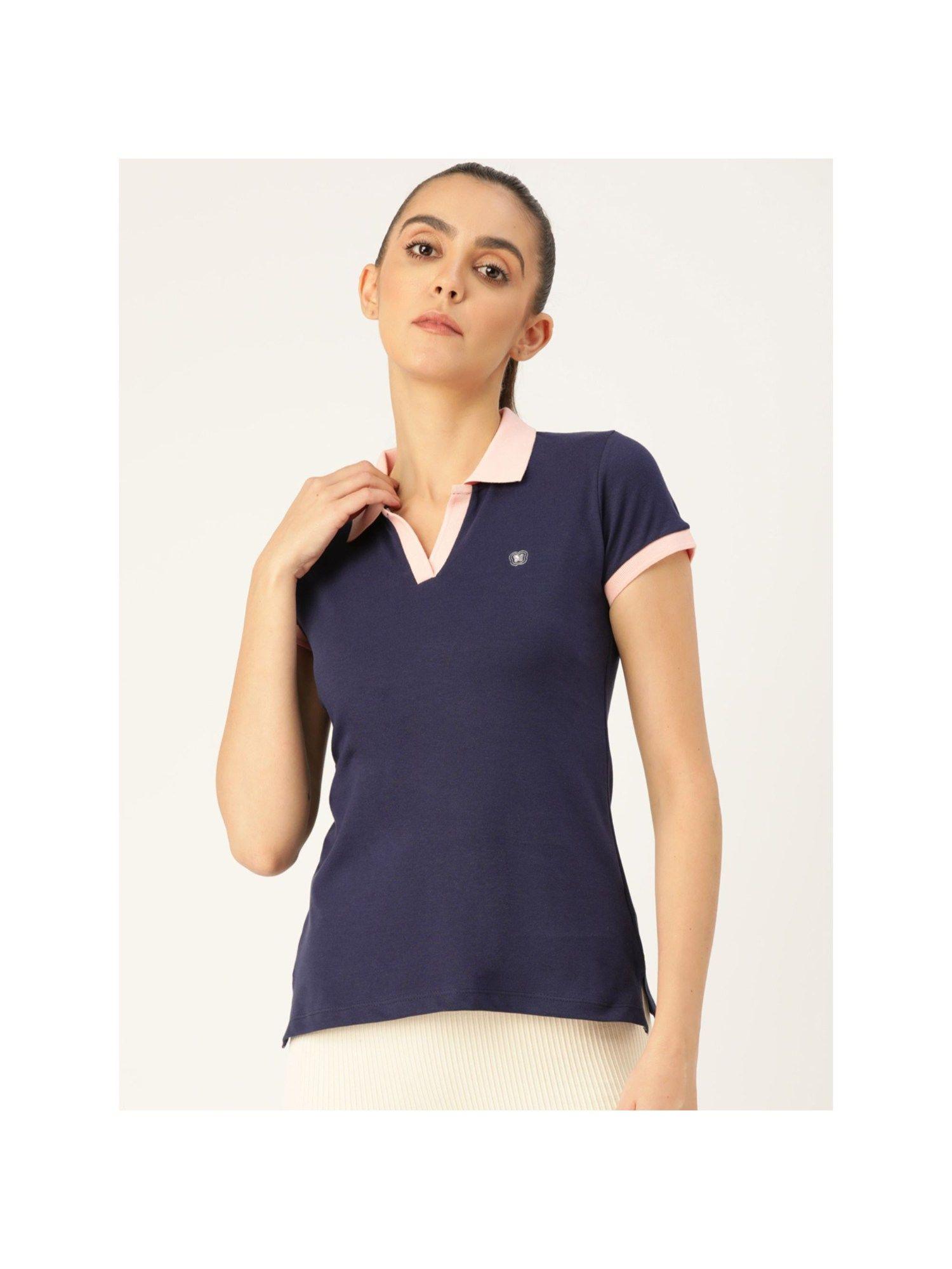 women navy blue solid polo collar t-shirt