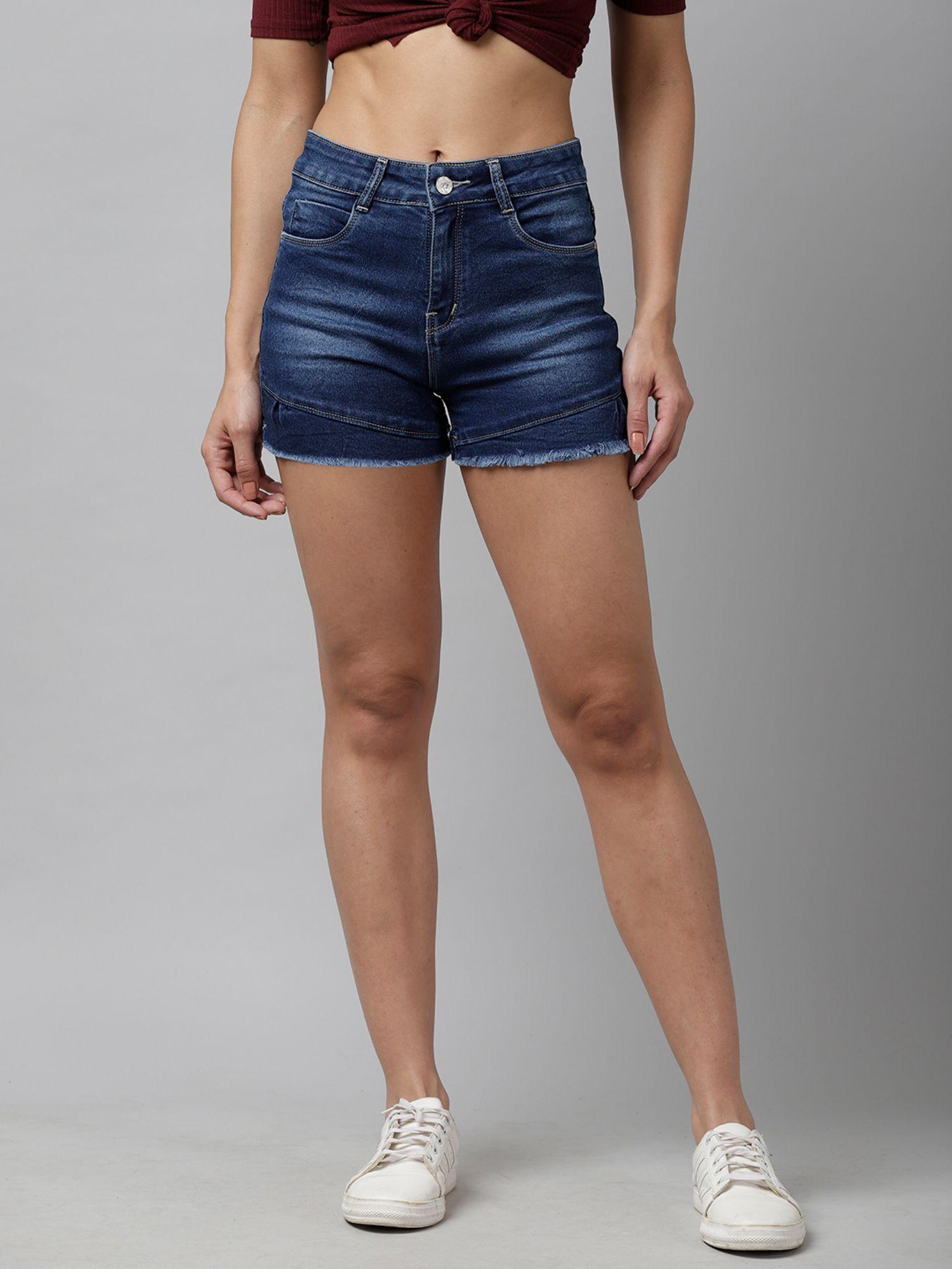 women navy blue solid regular fit denim shorts