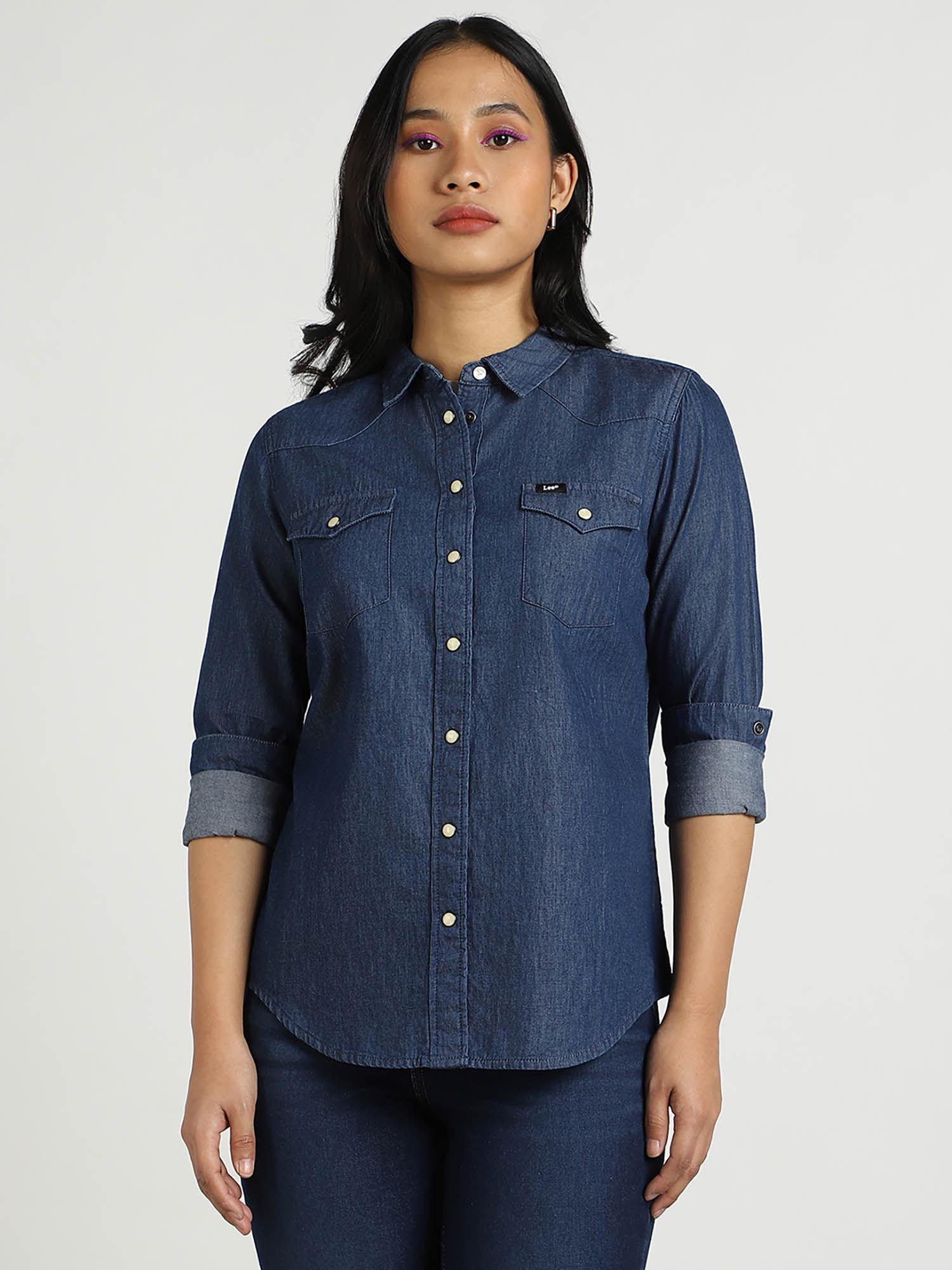 women navy blue solid regular fit shirt