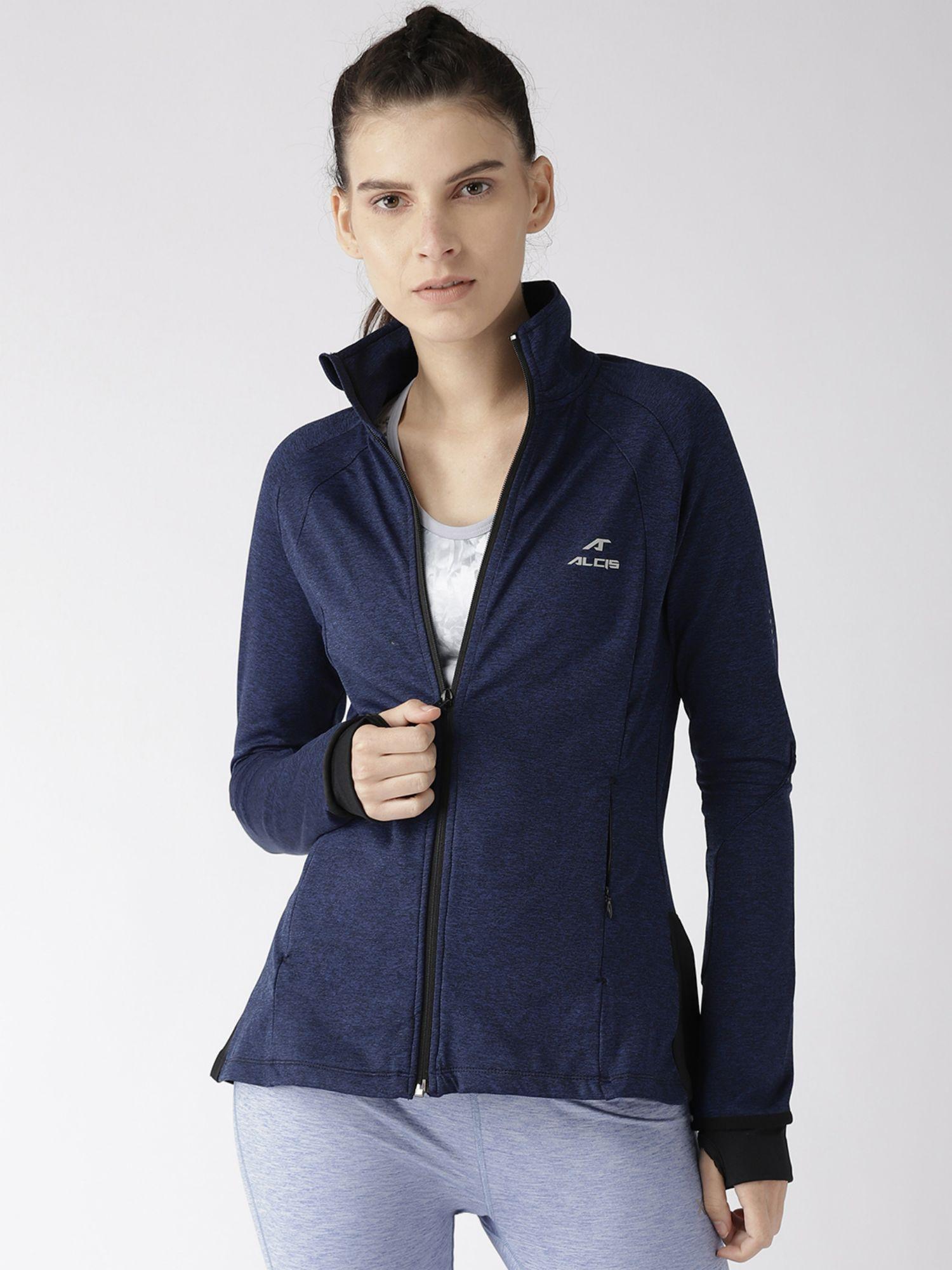 women navy blue solid sporty jacket