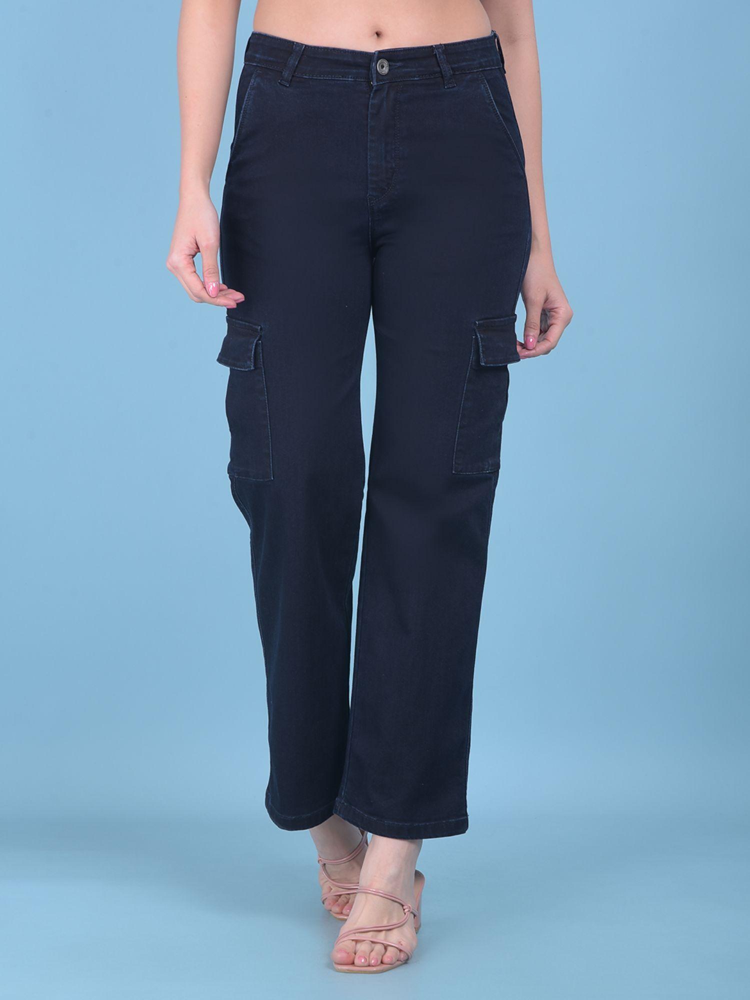 women navy blue solid straight legged jeans