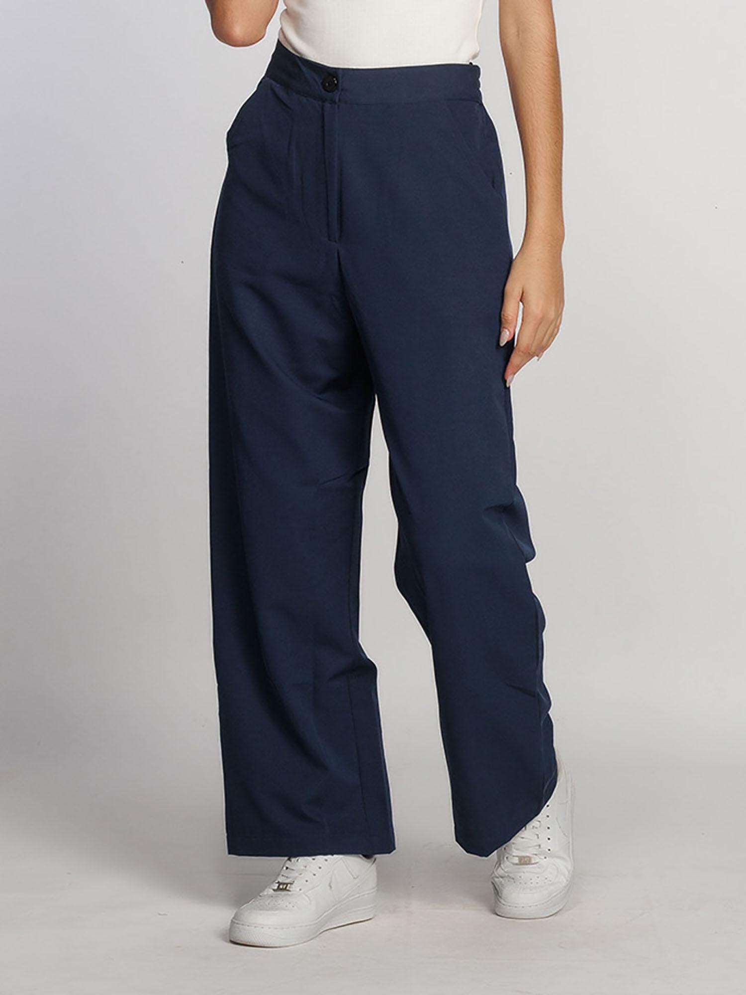 women navy blue solid straight pant