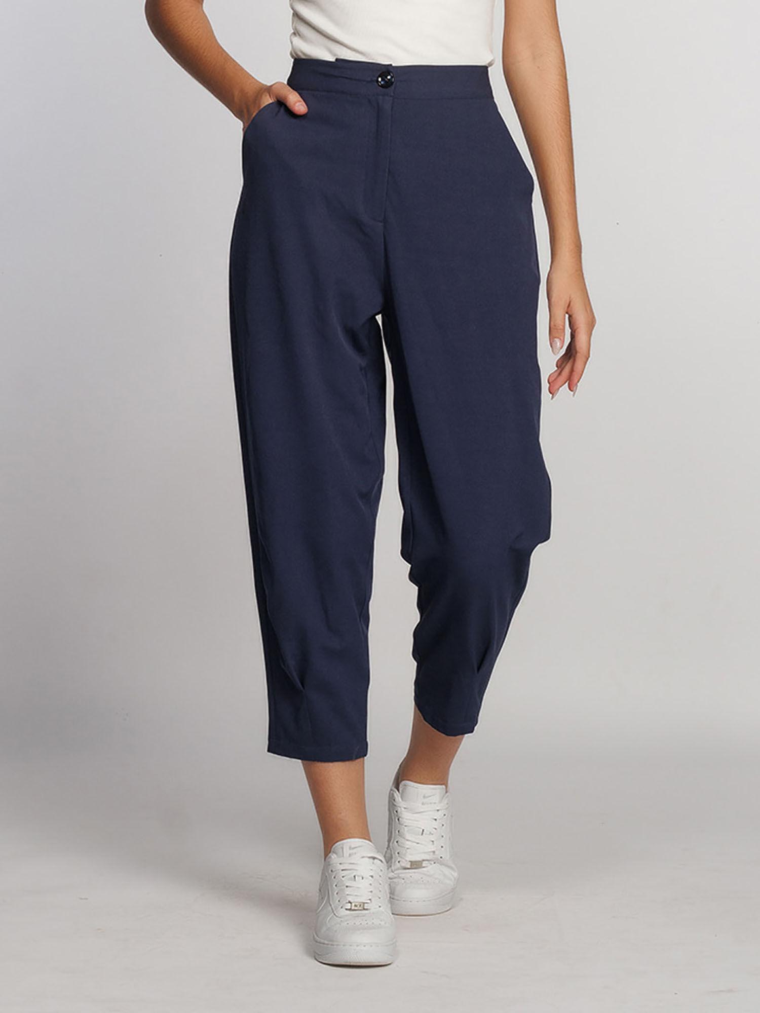 women navy blue solid straight pant