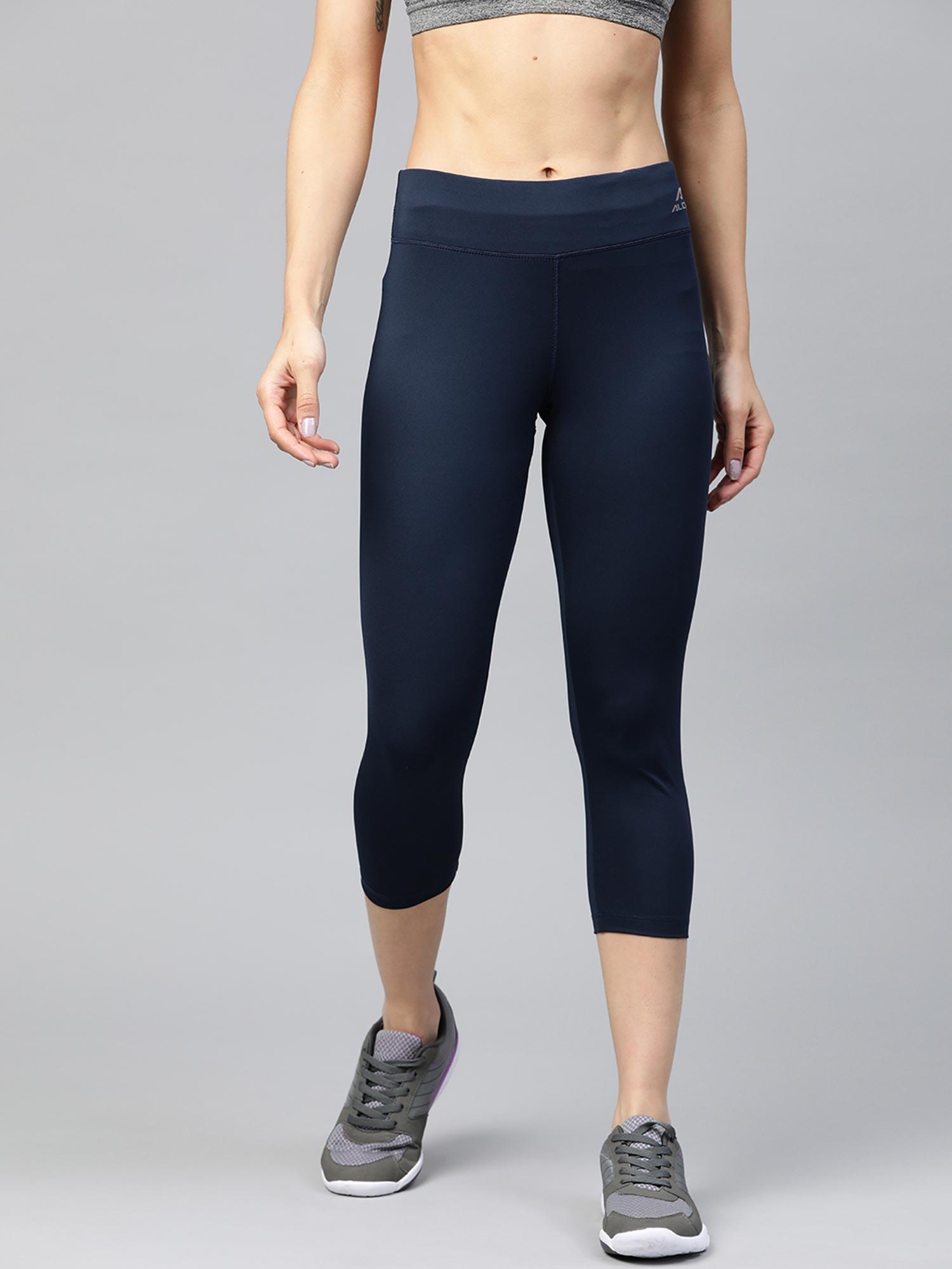 women navy blue solid three fourth training tights