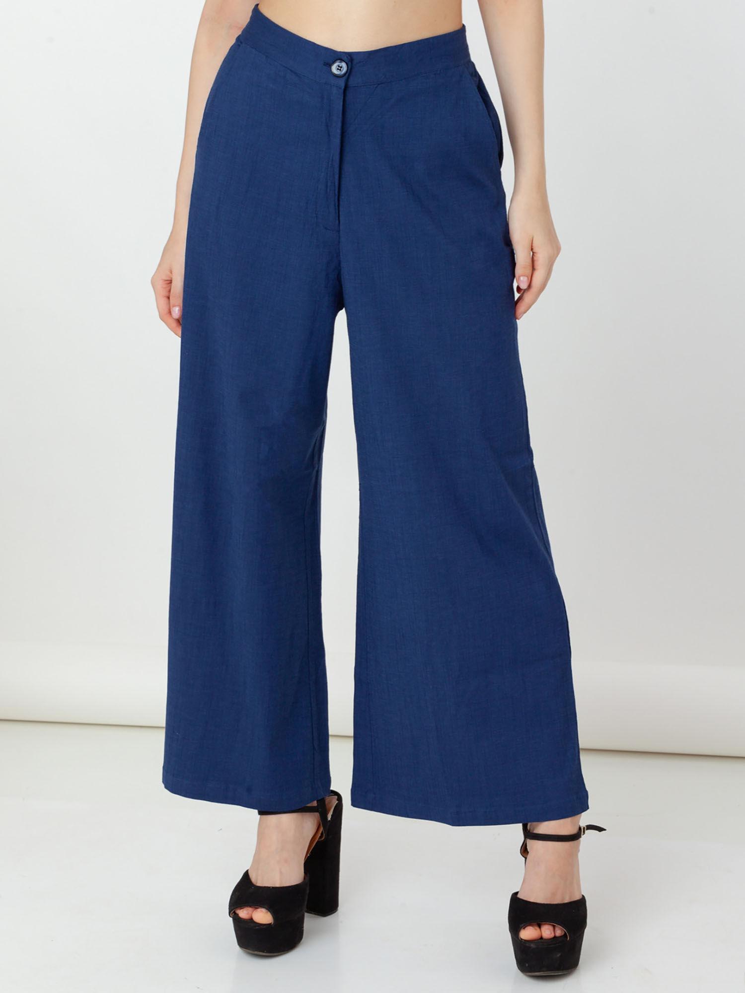 women navy blue solid trouser