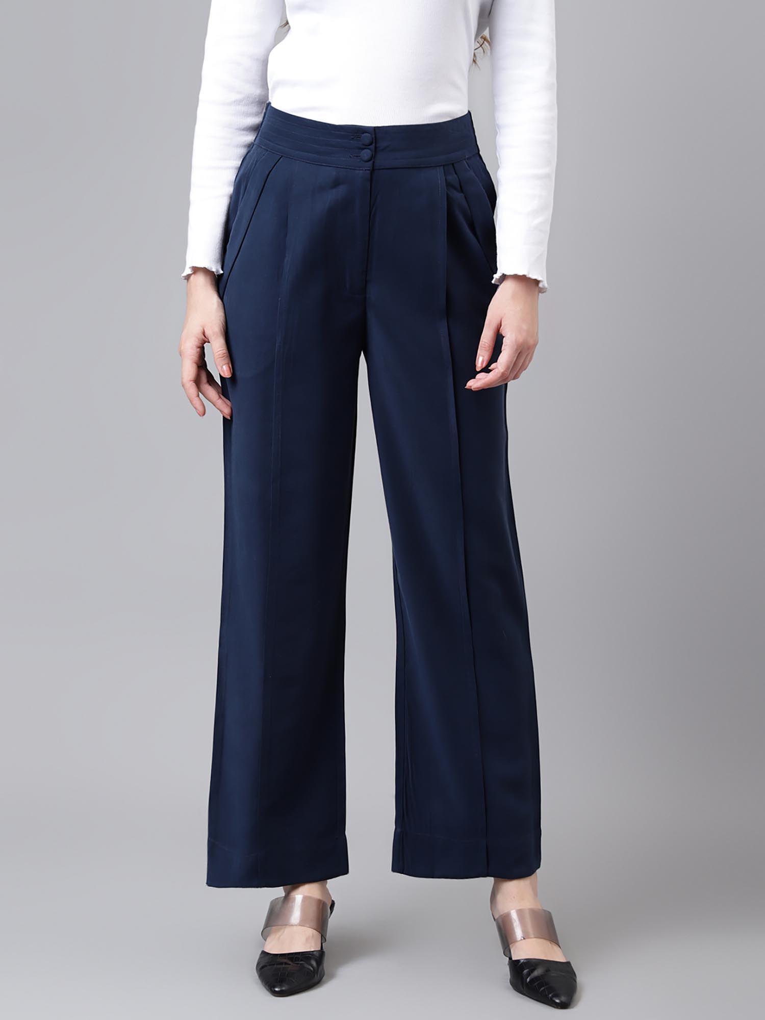 women navy blue solid trouser